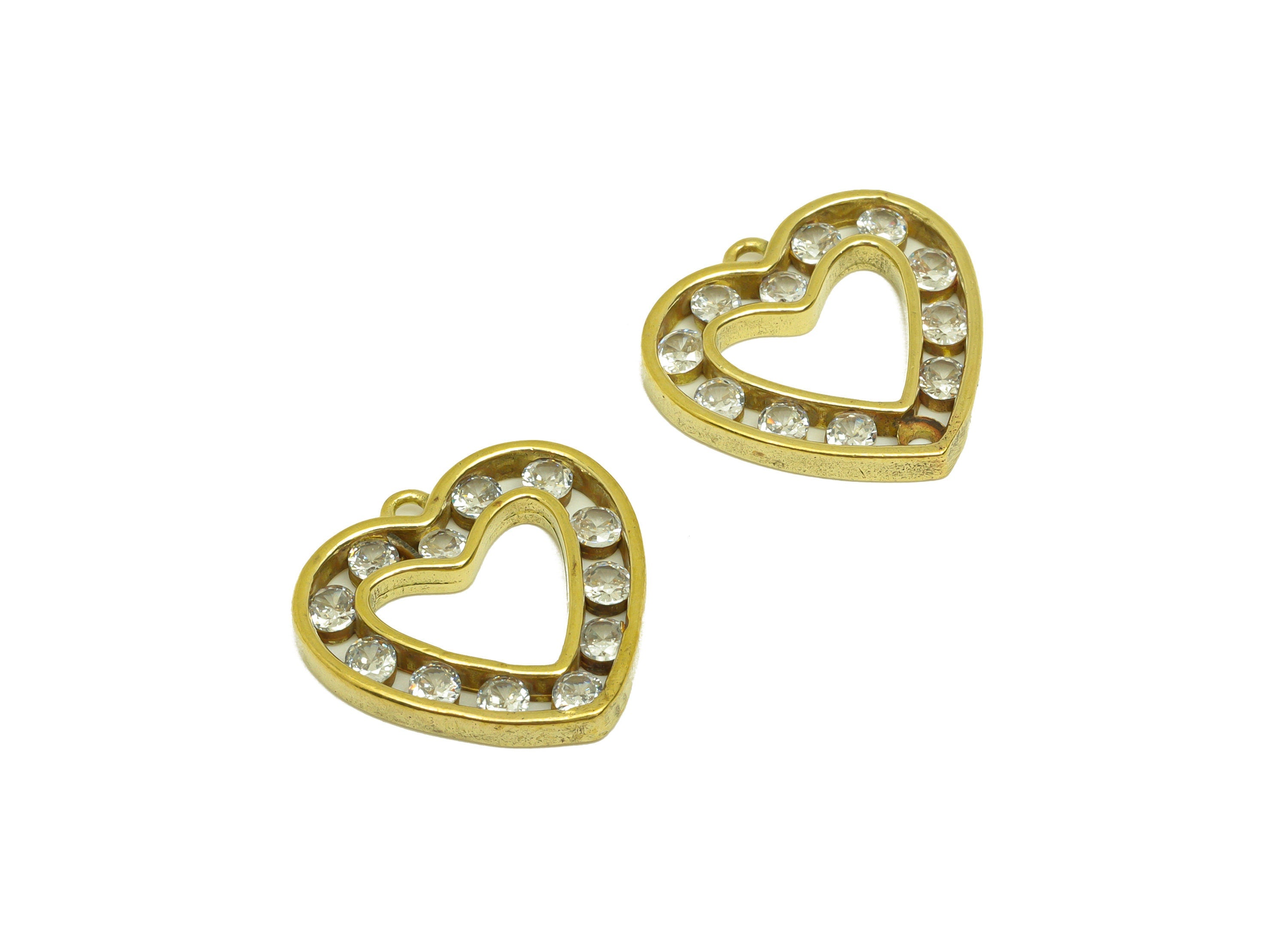 Brass CZ Heart Earring Charm - Raw Brass Cubic Zircon Heart Earring Charms - Brass Heart Pendant - For Pendant - 17.67x17x2mm - PP10658 - DOMEDBAZAAR