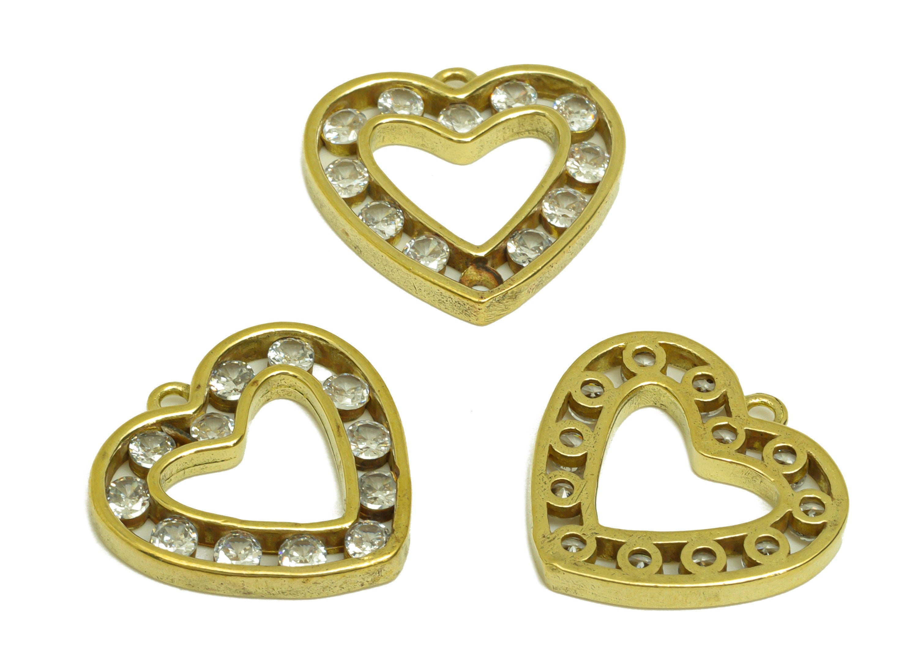 Brass CZ Heart Earring Charm - Raw Brass Cubic Zircon Heart Earring Charms - Brass Heart Pendant - For Pendant - 17.67x17x2mm - PP10658 - DOMEDBAZAAR