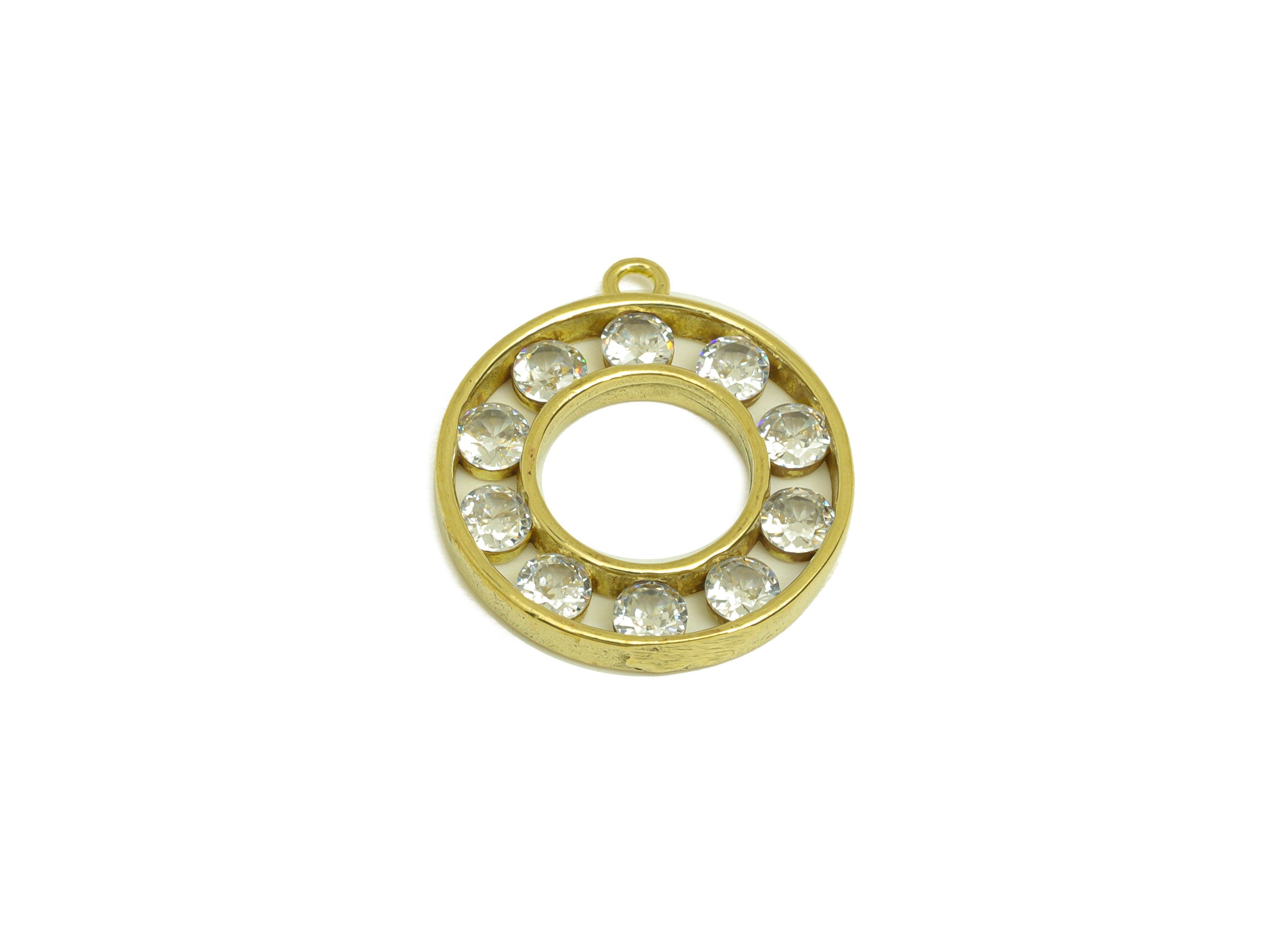 Brass CZ Round Earring Charm - Raw Brass Cubic Zircon Circle Earring Charms - Brass Geometry Pendant - For Pendant - 19.38x17x2mm - PP10661 - DOMEDBAZAAR