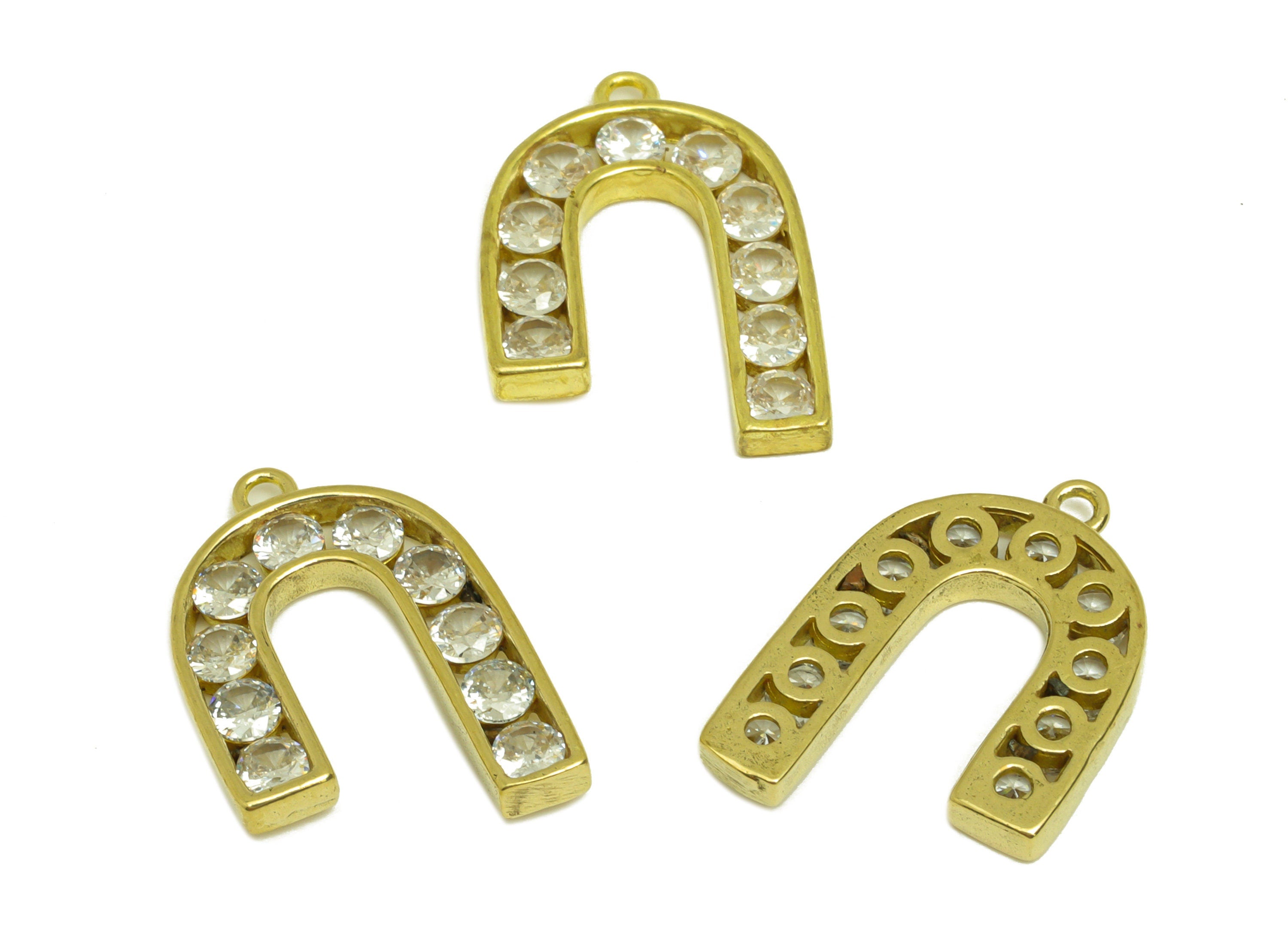 Brass CZ U Hoop Earring Charm - Raw Brass Cubic Zircon Earring Charms - Brass Geometry Pendant - For Pendant - 21x14.2x2.2mm - PP10660 - DOMEDBAZAAR