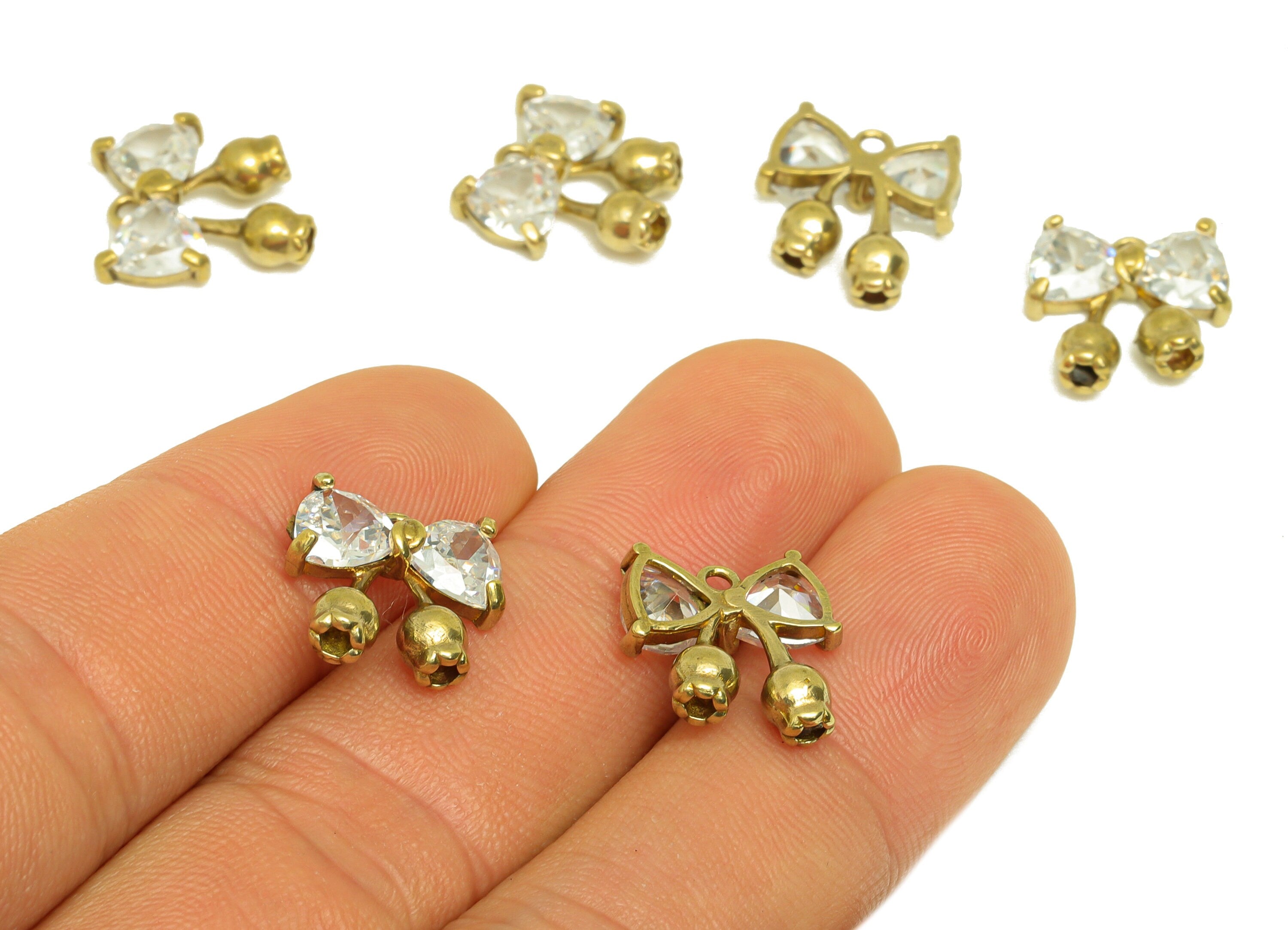 Brass CZ Bow Earring Charm - Raw Brass Cubic Zircon Tulip Earring Charms - Brass Butterfly Bow Pendant - For Necklace - 14x13x3mm - PP10666 - DOMEDBAZAAR