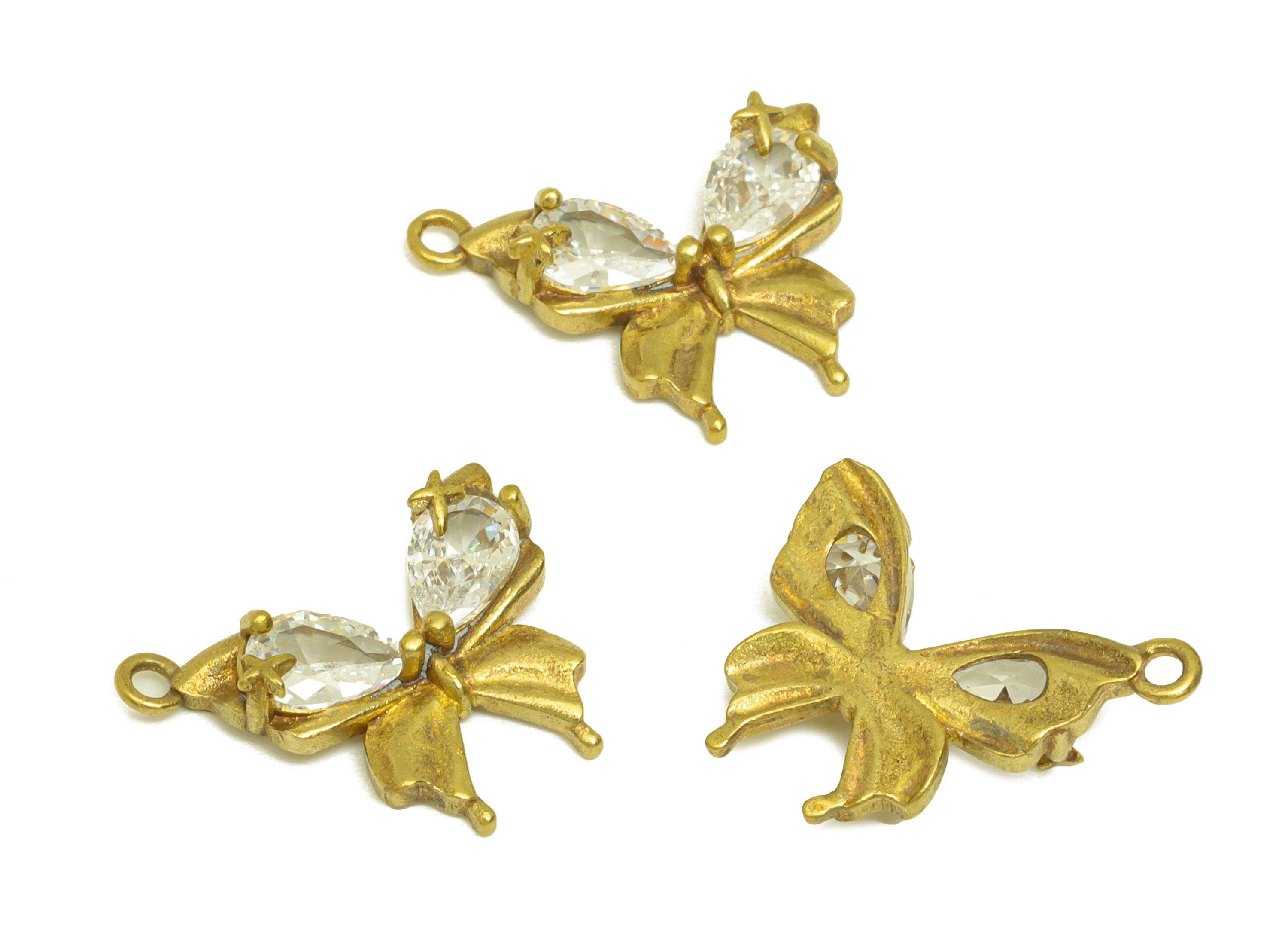 Brass CZ Drop Earring Charm - Raw Brass Teardrop Cubic Zircon Earring Charms - Brass Butterfly Bow Earring Charm - 16.5x13.4x3mm- PP10663 - DOMEDBAZAAR