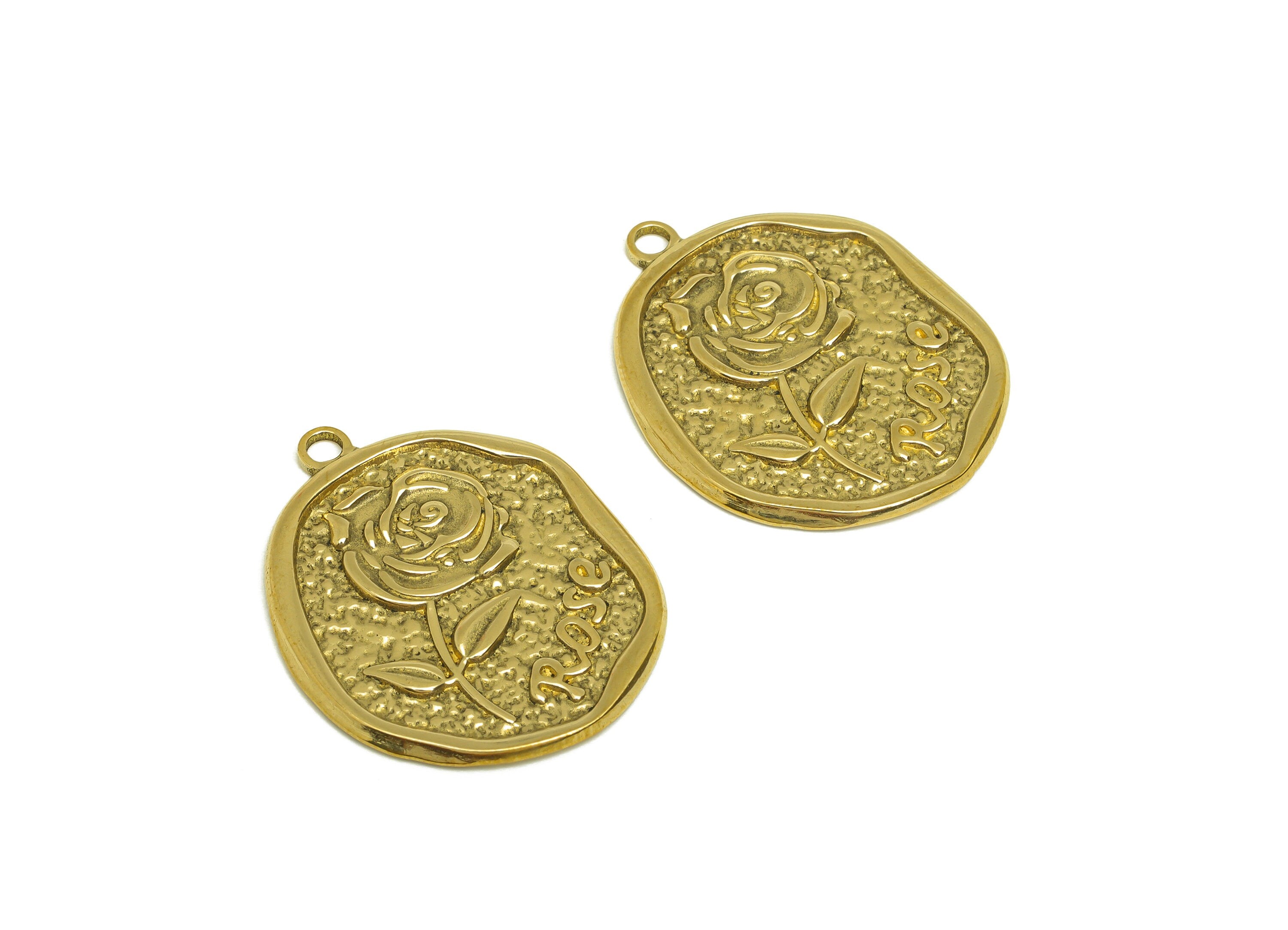 Brass Rose Earring Charm - Raw Brass Vintage Looking Rose Earring Charms - Brass Textured Flower Pendant - 30.3x24.6x1.7mm- PP10686 - DOMEDBAZAAR