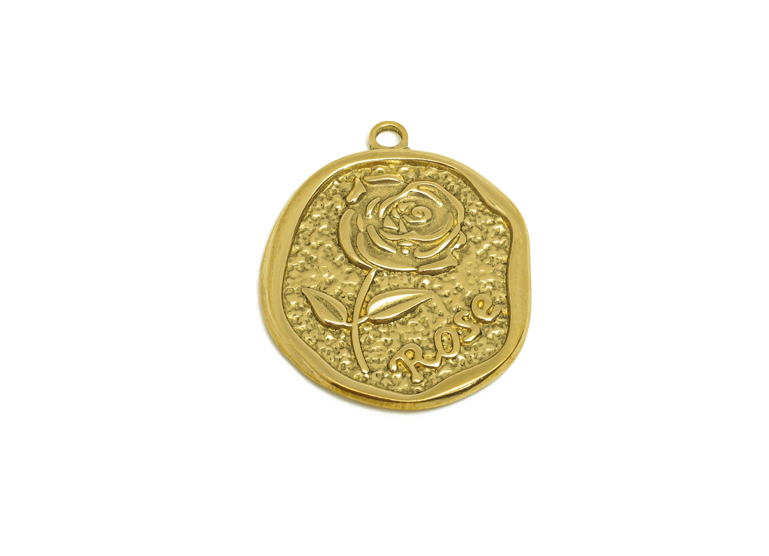 Brass Rose Earring Charm - Raw Brass Vintage Looking Rose Earring Charms - Brass Textured Flower Pendant - 30.3x24.6x1.7mm- PP10686 - DOMEDBAZAAR