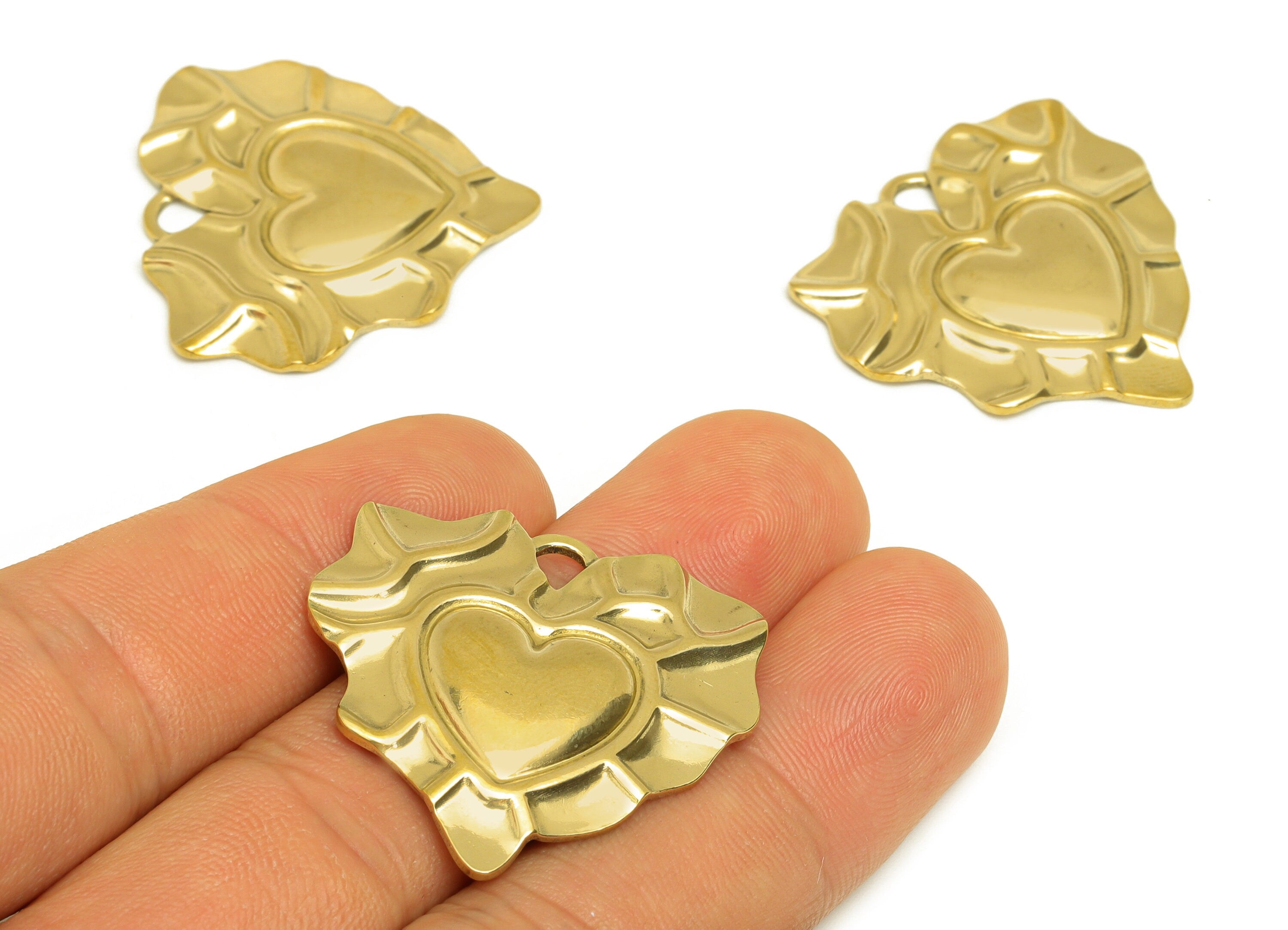 Brass Heart Earring Charm - Raw Brass Vintage Looking Heart Earring Charms - Brass Textured Lace Heart Pendant - 31.8x30.4x3.2mm- PP10680 - DOMEDBAZAAR