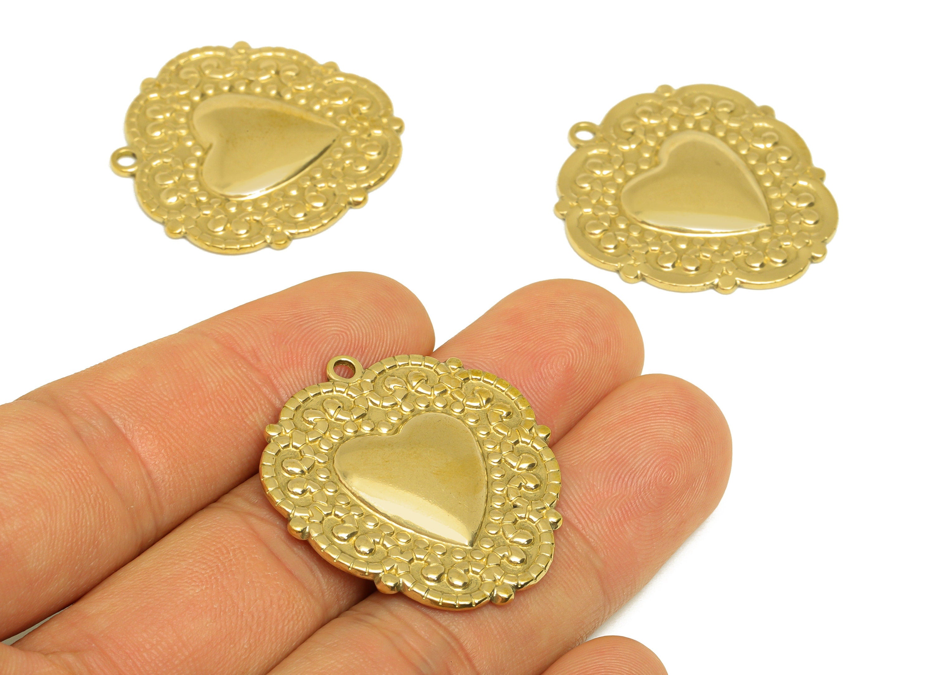 Brass Heart Earring Charm - Raw Brass Vintage Looking Heart Earring Charms - Brass Textured Lace Heart Pendant - 33.5x31.6x2.7mm - PP10679 - DOMEDBAZAAR