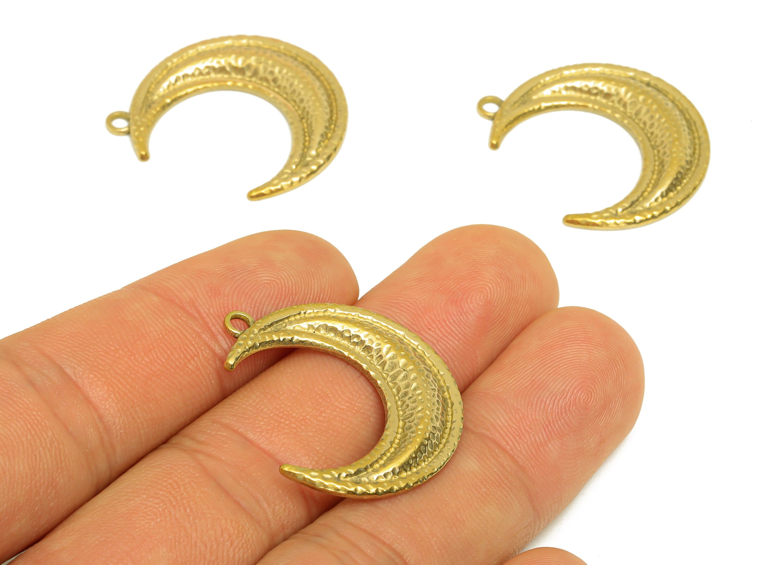 Brass Crescent Earring Charm - Raw Brass Vintage Looking Earring Charms - Brass Textured Moon Pendant - For Pendant - 29x24x2.7mm - PP10684 - DOMEDBAZAAR