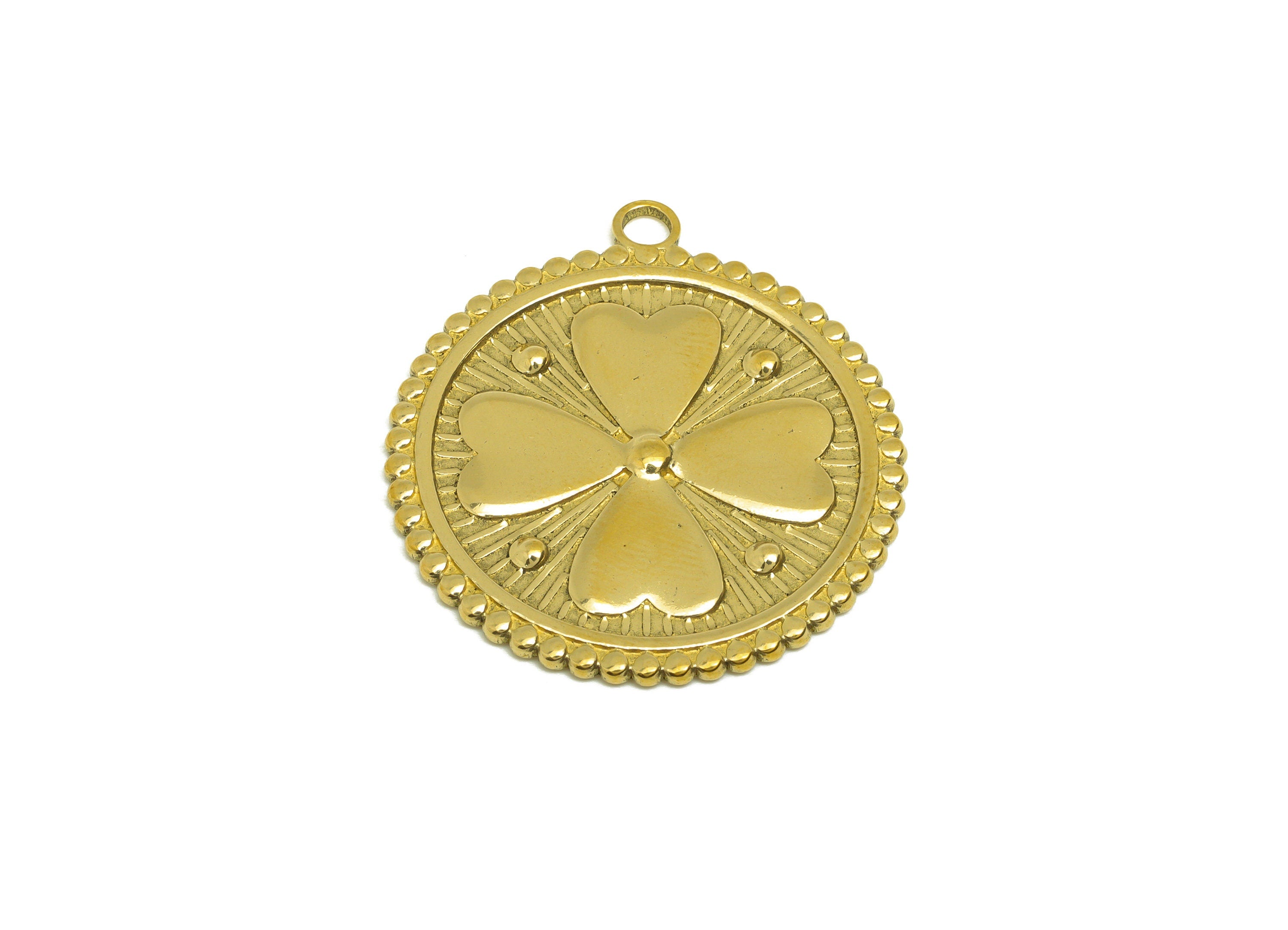 Brass Four Leaf Clover Earring Charm - Raw Brass Vintage Looking Earring Charms - Brass Round Textured Heart Pendant - 33.45x30x1mm- PP10677 - DOMEDBAZAAR