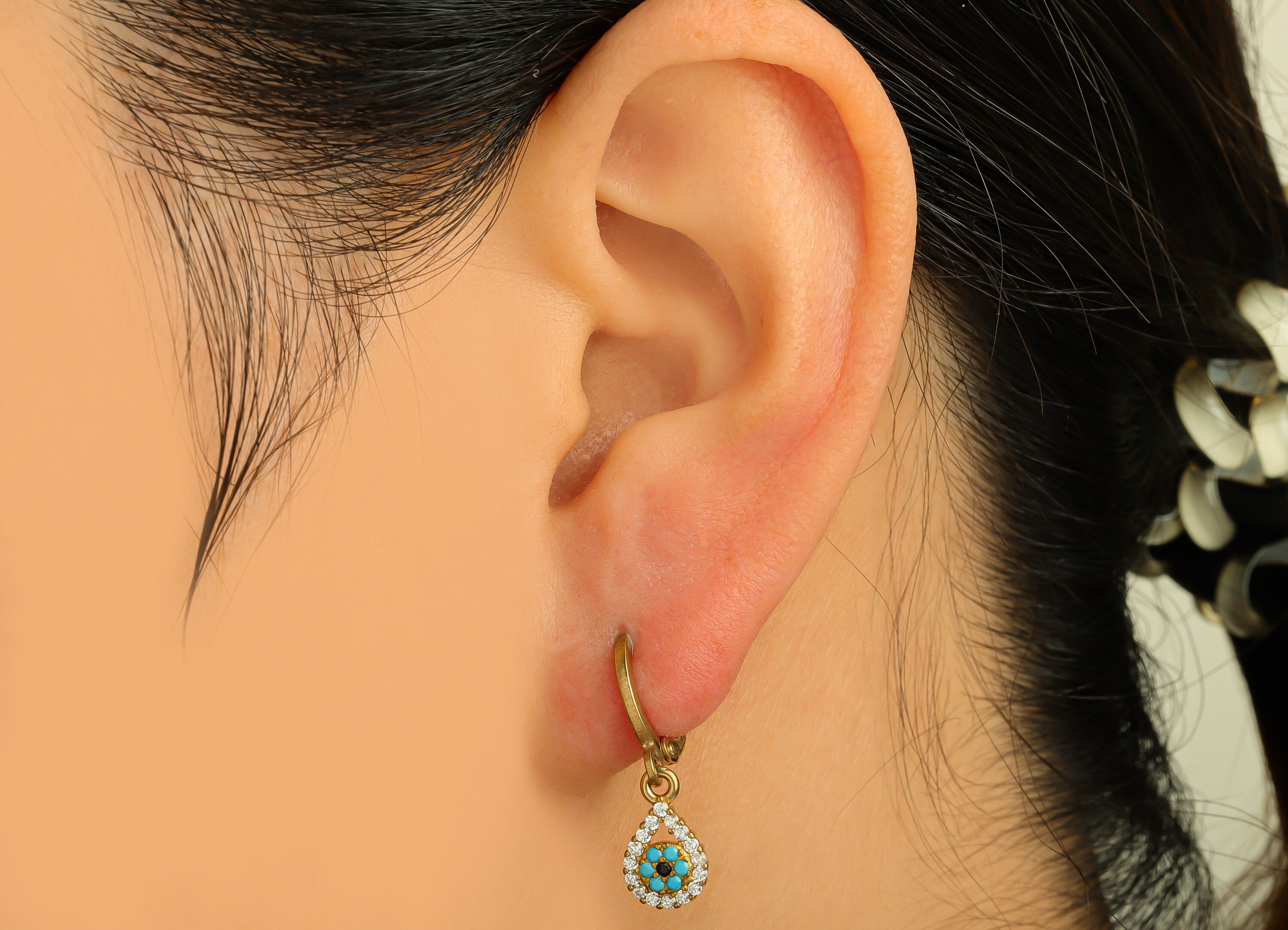 Brass Hoop Earring Charm - Brass Teardrop Cubic Zircon Huggie Hoop Clasp - Brass CZ Lever back Drop Eye Clasp - 11.5x7x2.4mm - PP10667 - DOMEDBAZAAR