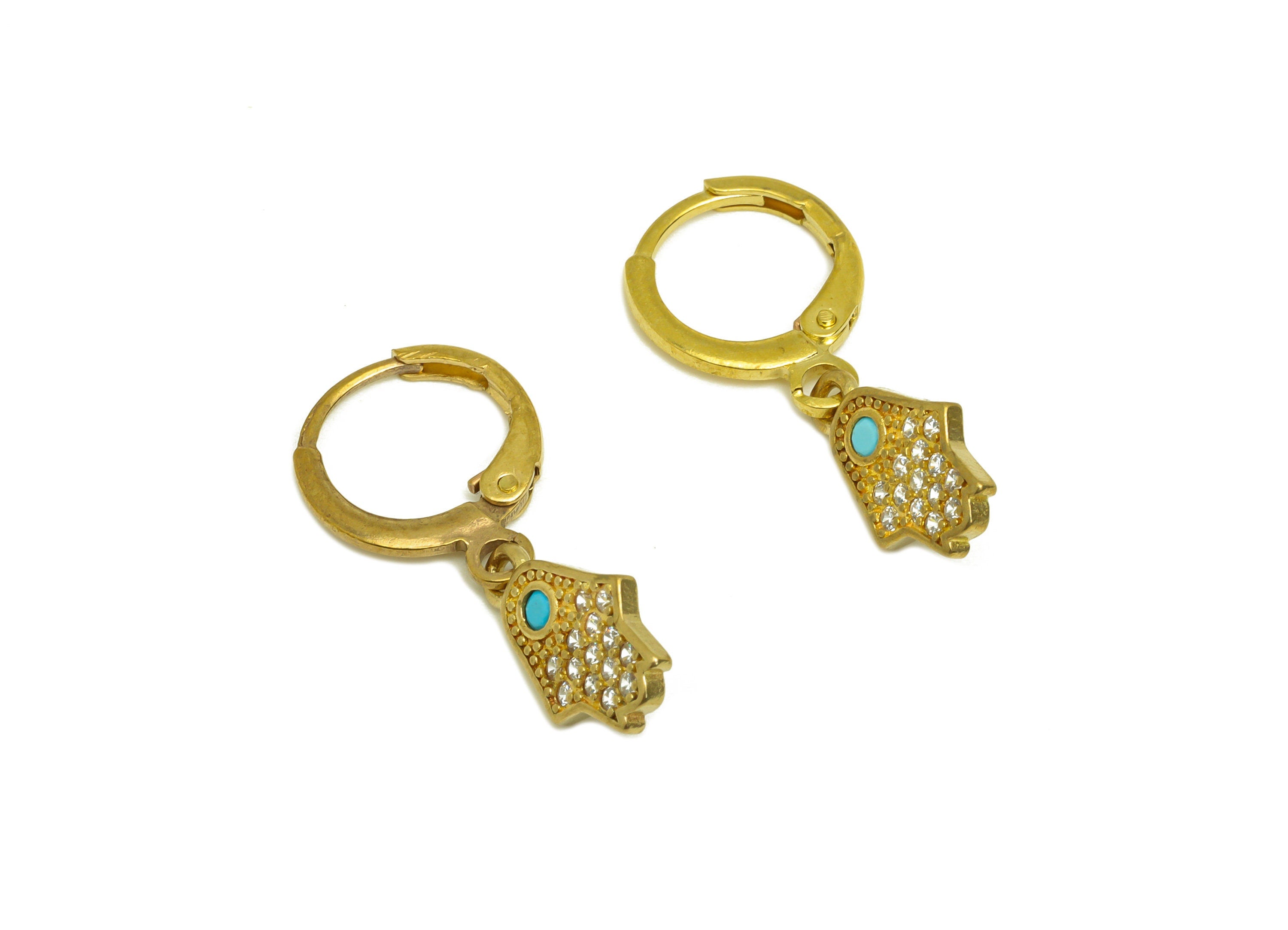 Brass Hamsa Hoop Earring Charm - Brass Teardrop Cubic Zircon Huggie Hoop Clasp - Brass CZ Lever back Hamsa Clasp - 13.1x7.7x1.38mm - PP10668 - DOMEDBAZAAR