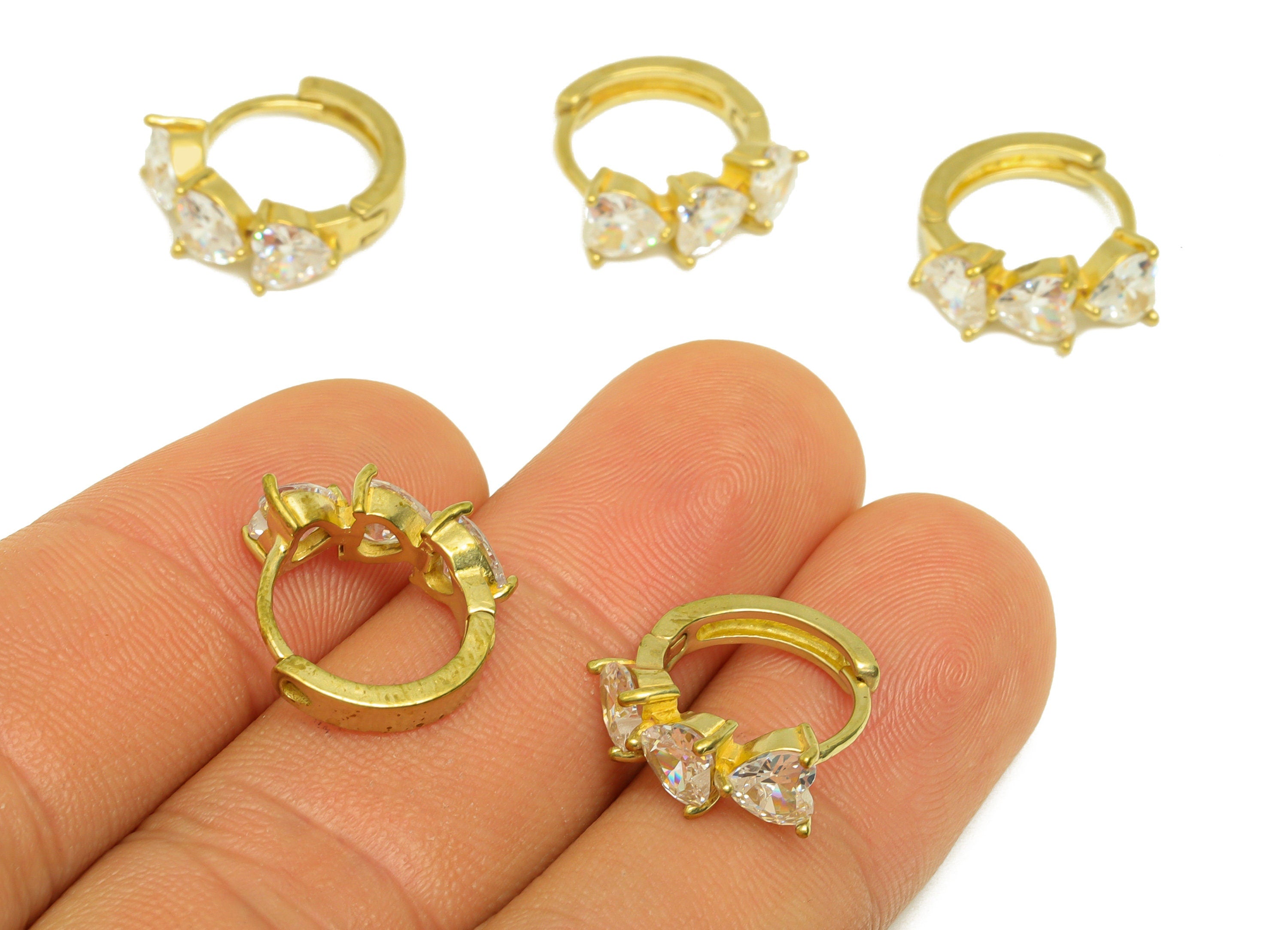 Brass Hoop Earring Charm - Brass Heart Cubic Zircon Huggie Earring Hoop - Brass CZ Heart Hoop Clasp Earring - 15.6x5.4x3mm - PP10671 - DOMEDBAZAAR