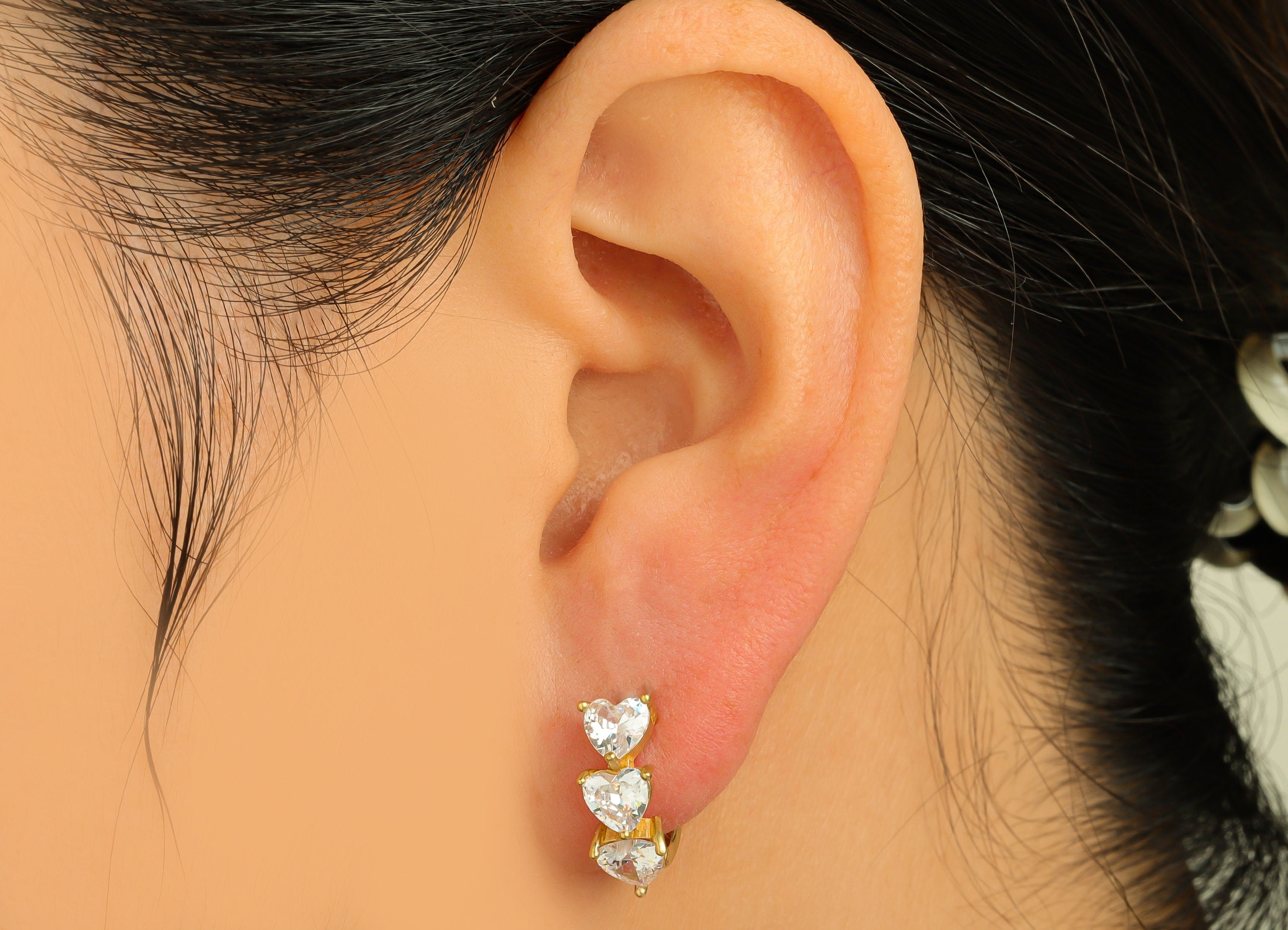 Brass Hoop Earring Charm - Brass Heart Cubic Zircon Huggie Earring Hoop - Brass CZ Heart Hoop Clasp Earring - 15.6x5.4x3mm - PP10671 - DOMEDBAZAAR