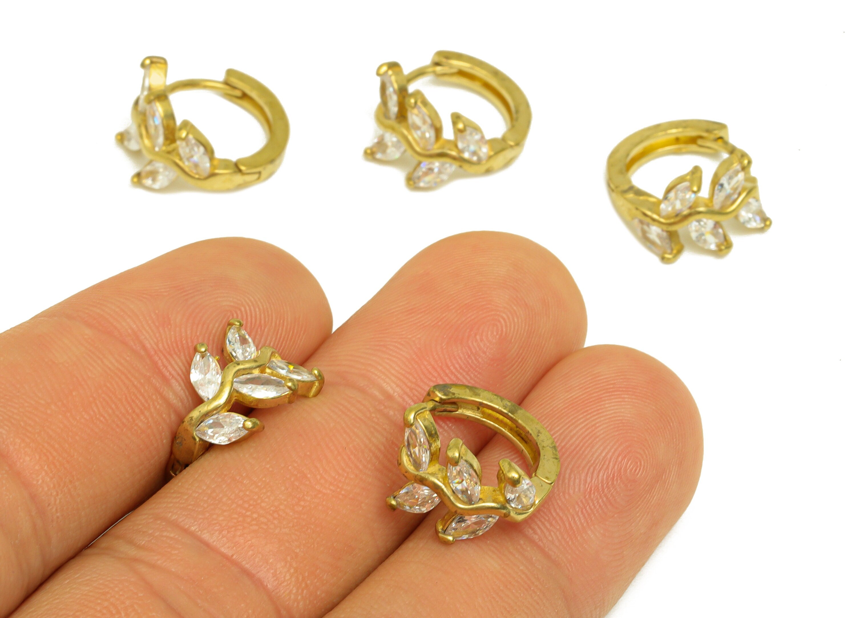 Brass Hoop Earring Charm - Brass Branch Cubic Zircon Huggie Earring Hoop - Brass CZ Marquise Hoop Clasp Earring - 14.5x9x3.5mm - PP10672 - DOMEDBAZAAR