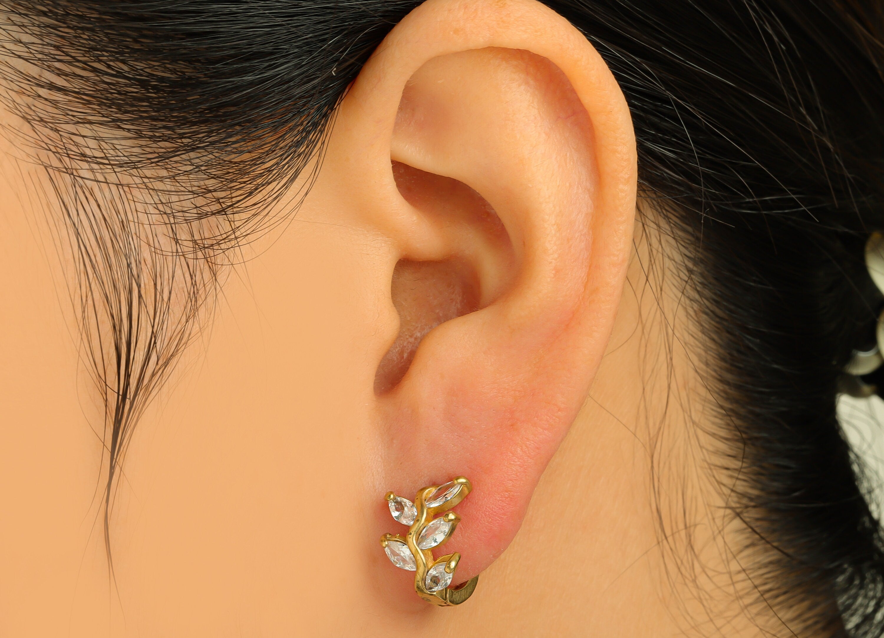 Brass Hoop Earring Charm - Brass Branch Cubic Zircon Huggie Earring Hoop - Brass CZ Marquise Hoop Clasp Earring - 14.5x9x3.5mm - PP10672 - DOMEDBAZAAR