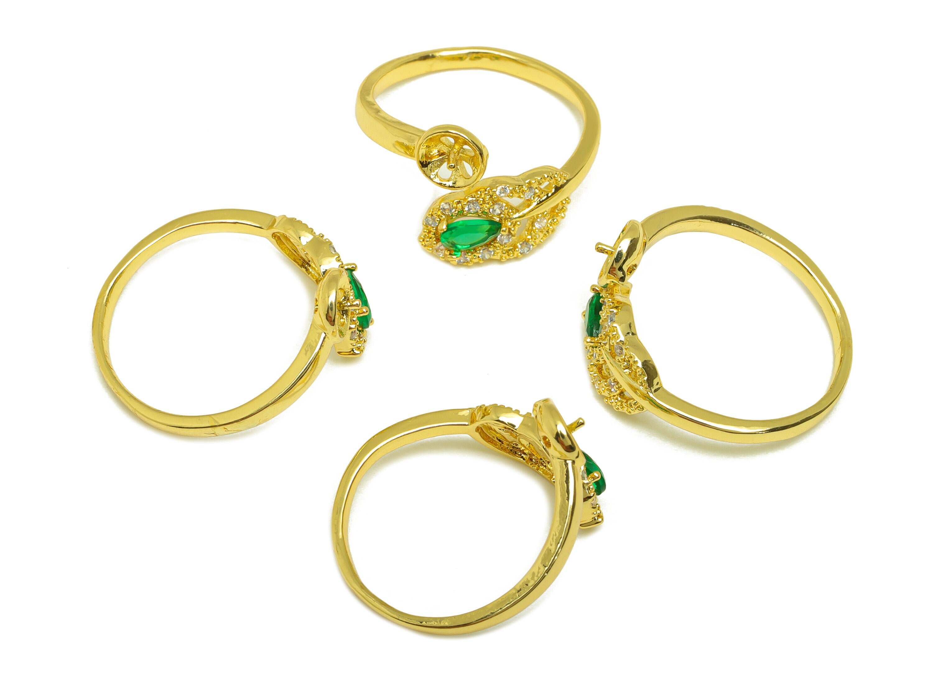 Brass Adjustable Ring - Brass Green Cubic Zircon Leaf Ring Settings - Brass Drop Open Ring - 18K Real Gold Plating - 21x12x1mm - RGP7007 - DOMEDBAZAAR