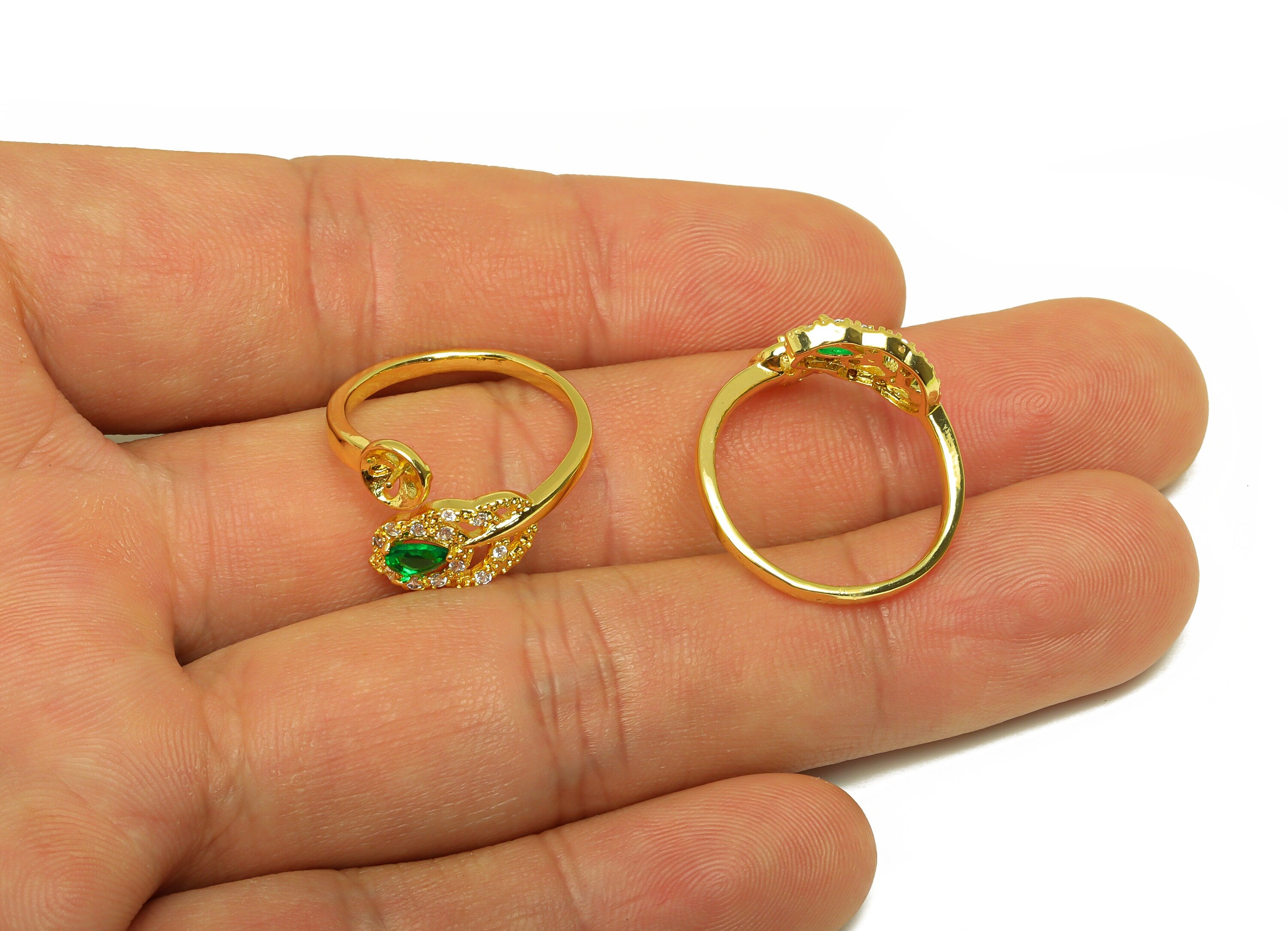 Brass Adjustable Ring - Brass Green Cubic Zircon Leaf Ring Settings - Brass Drop Open Ring - 18K Real Gold Plating - 21x12x1mm - RGP7007 - DOMEDBAZAAR