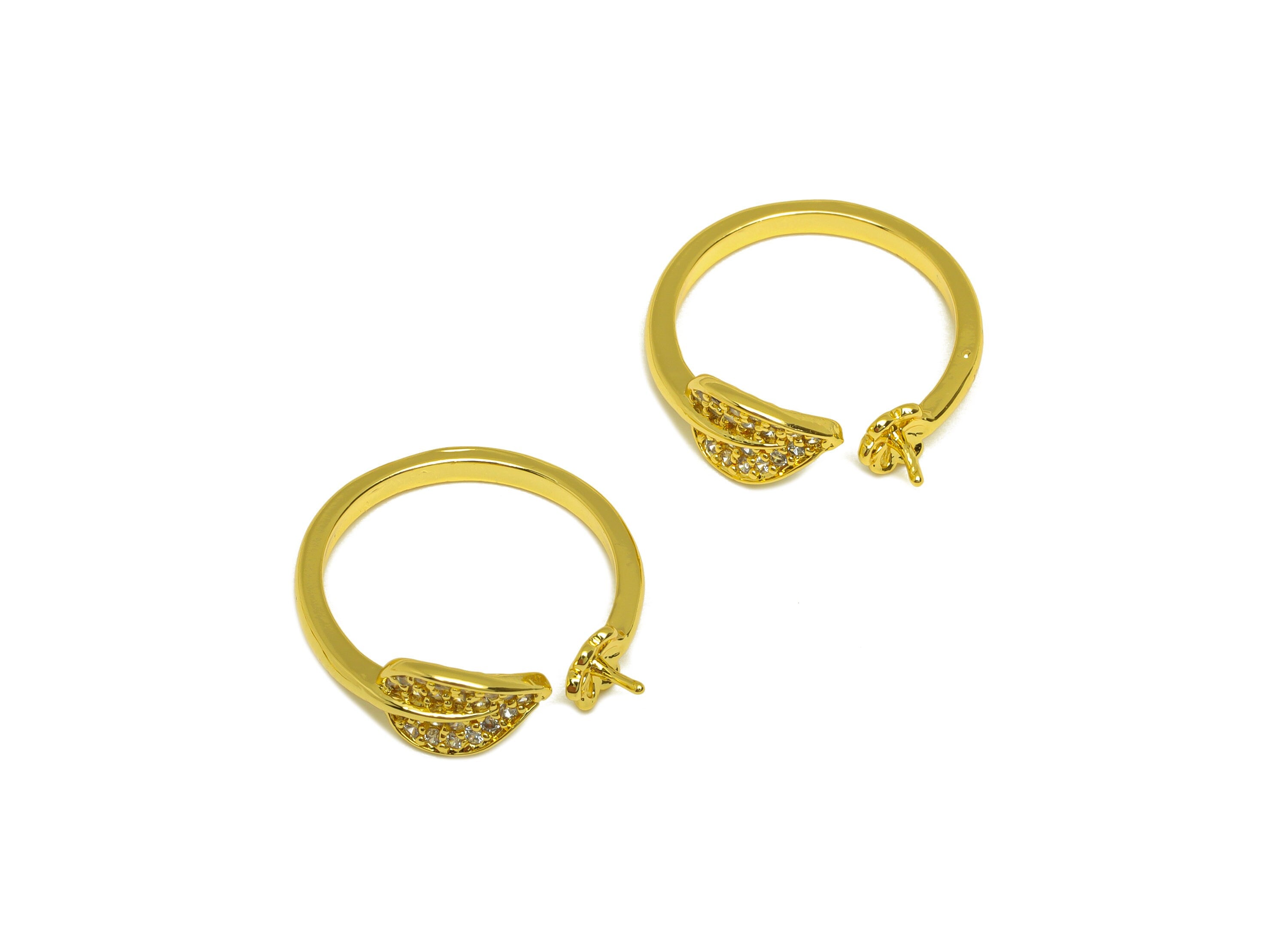 Brass Adjustable Ring - Brass Bent Leaf Ring Settings - Brass Rings For Pearl - Zircon Open Ring - 18K Real Gold Plating - 21x7x1mm -RGP6987 - DOMEDBAZAAR