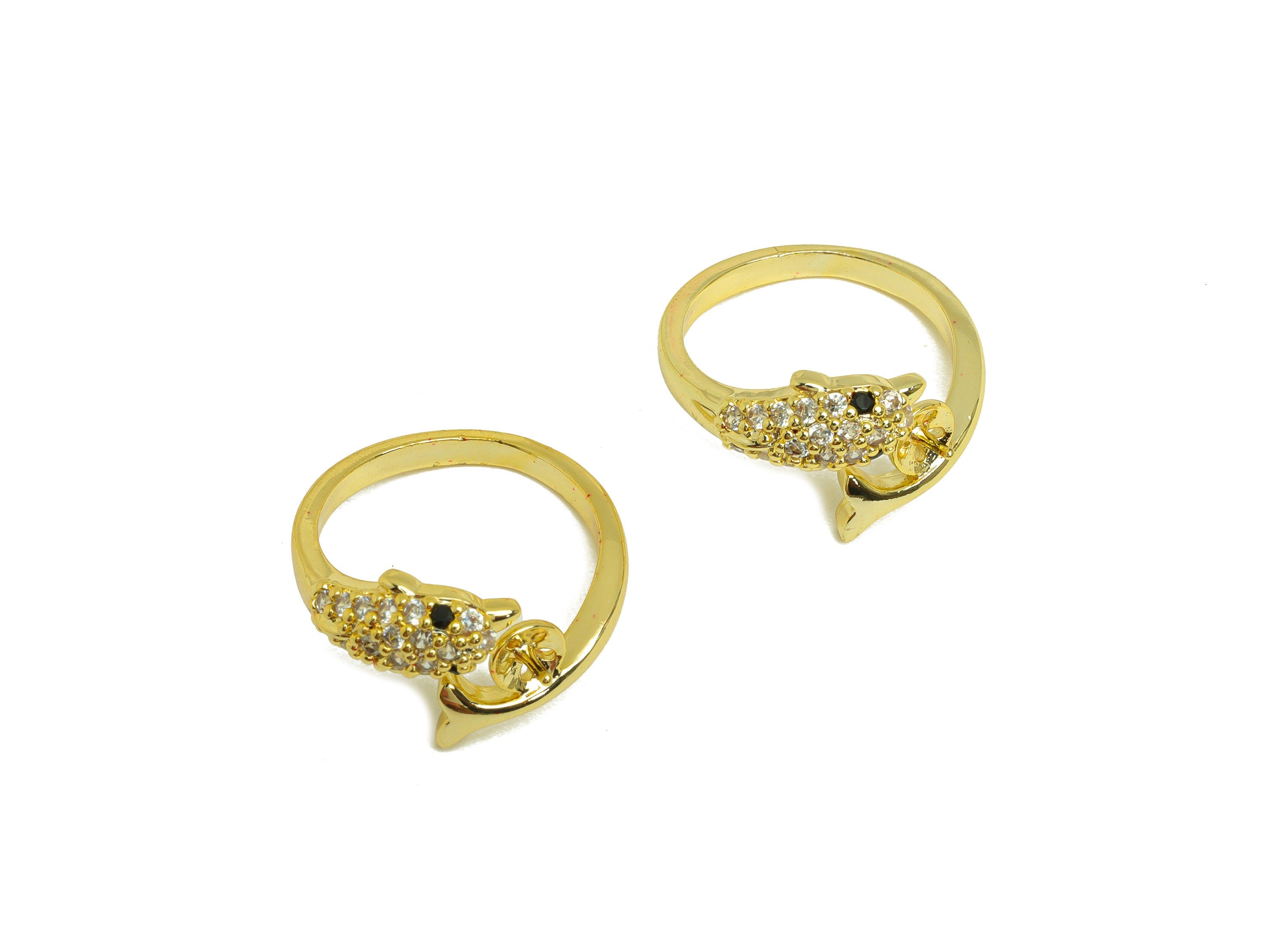 Brass CZ Ring - Brass Dolphin Ring Settings - Brass Rings For Pearl - Cubic Zircon Open Ring - 18K Real Gold Plating - 22x11.6x2mm - RGP7015 - DOMEDBAZAAR