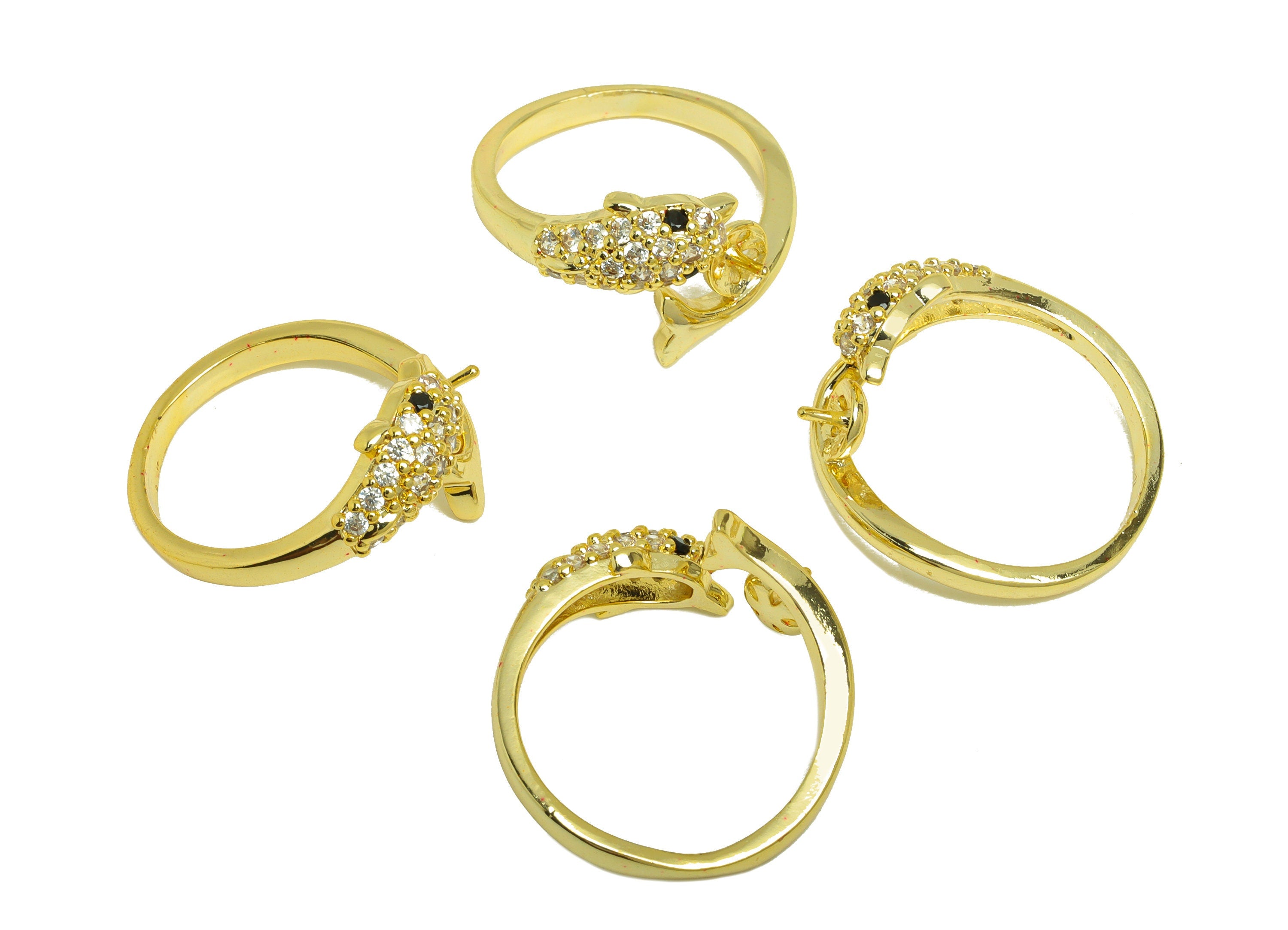 Brass CZ Ring - Brass Dolphin Ring Settings - Brass Rings For Pearl - Cubic Zircon Open Ring - 18K Real Gold Plating - 22x11.6x2mm - RGP7015 - DOMEDBAZAAR
