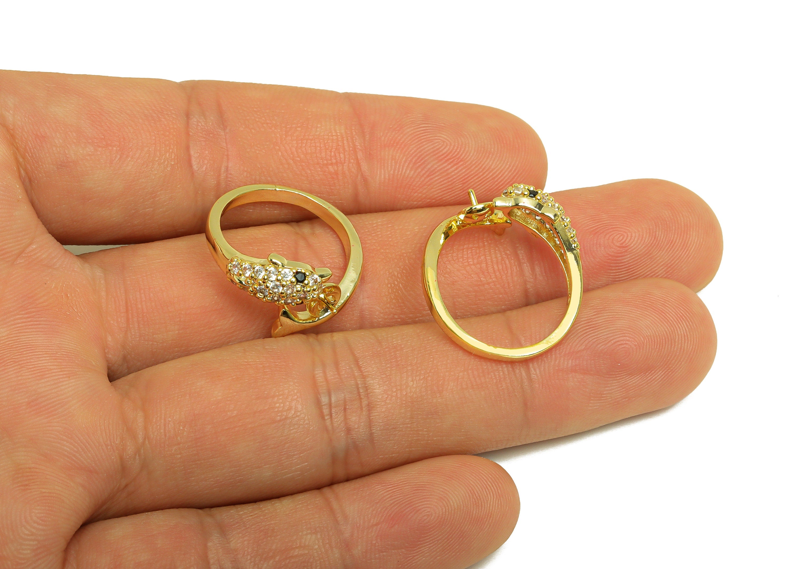 Brass CZ Ring - Brass Dolphin Ring Settings - Brass Rings For Pearl - Cubic Zircon Open Ring - 18K Real Gold Plating - 22x11.6x2mm - RGP7015 - DOMEDBAZAAR