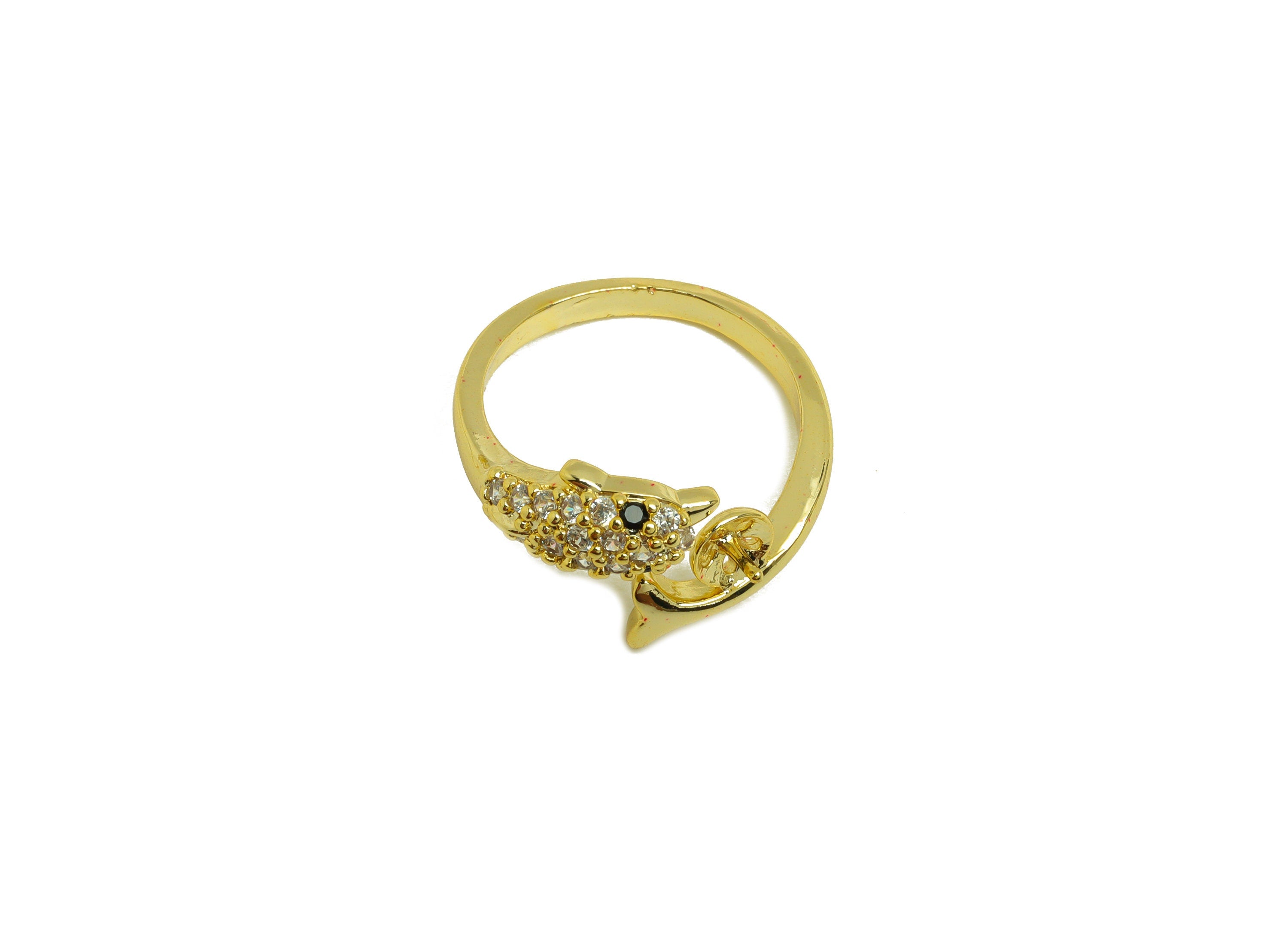 Brass CZ Ring - Brass Dolphin Ring Settings - Brass Rings For Pearl - Cubic Zircon Open Ring - 18K Real Gold Plating - 22x11.6x2mm - RGP7015 - DOMEDBAZAAR