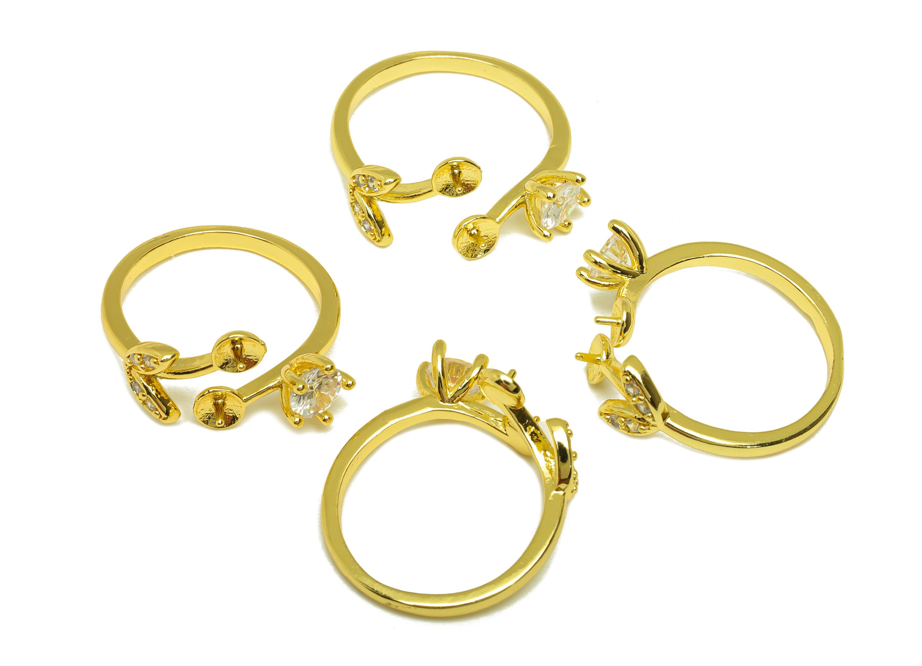 Brass CZ Ring - Brass Leaf Ring - Brass Marquise Rings For Pearl - Cubic Zircon Open Ring - 18K Real Gold Plating - 21.07x12.3x1mm - RGP7008 - DOMEDBAZAAR
