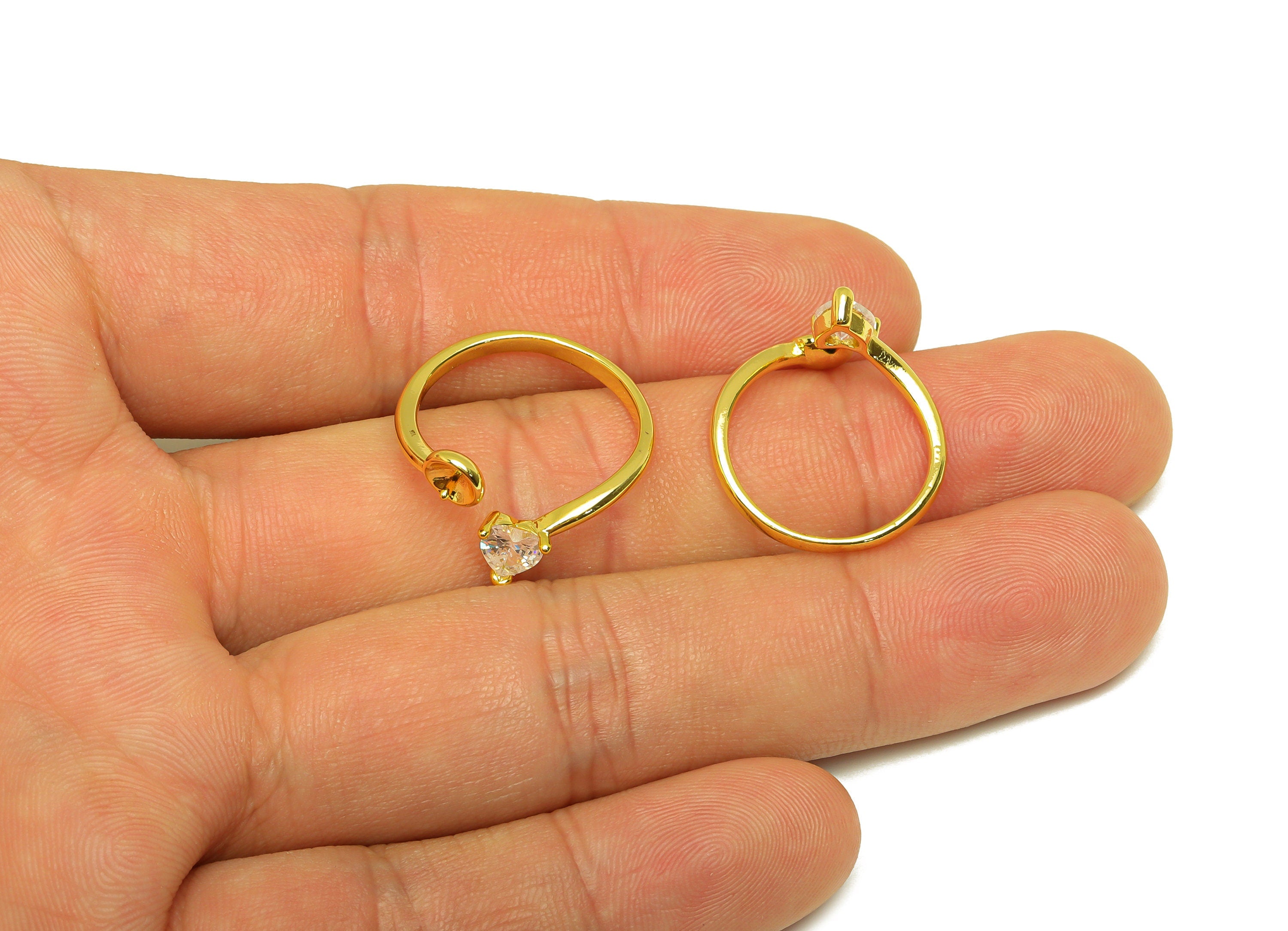 Brass CZ Ring - Brass Heart Open Ring - Brass Heart Rings For Pearl - Zircon Open Ring - 18K Real Gold Plating - 21x12x2.17mm - RGP7023 - DOMEDBAZAAR