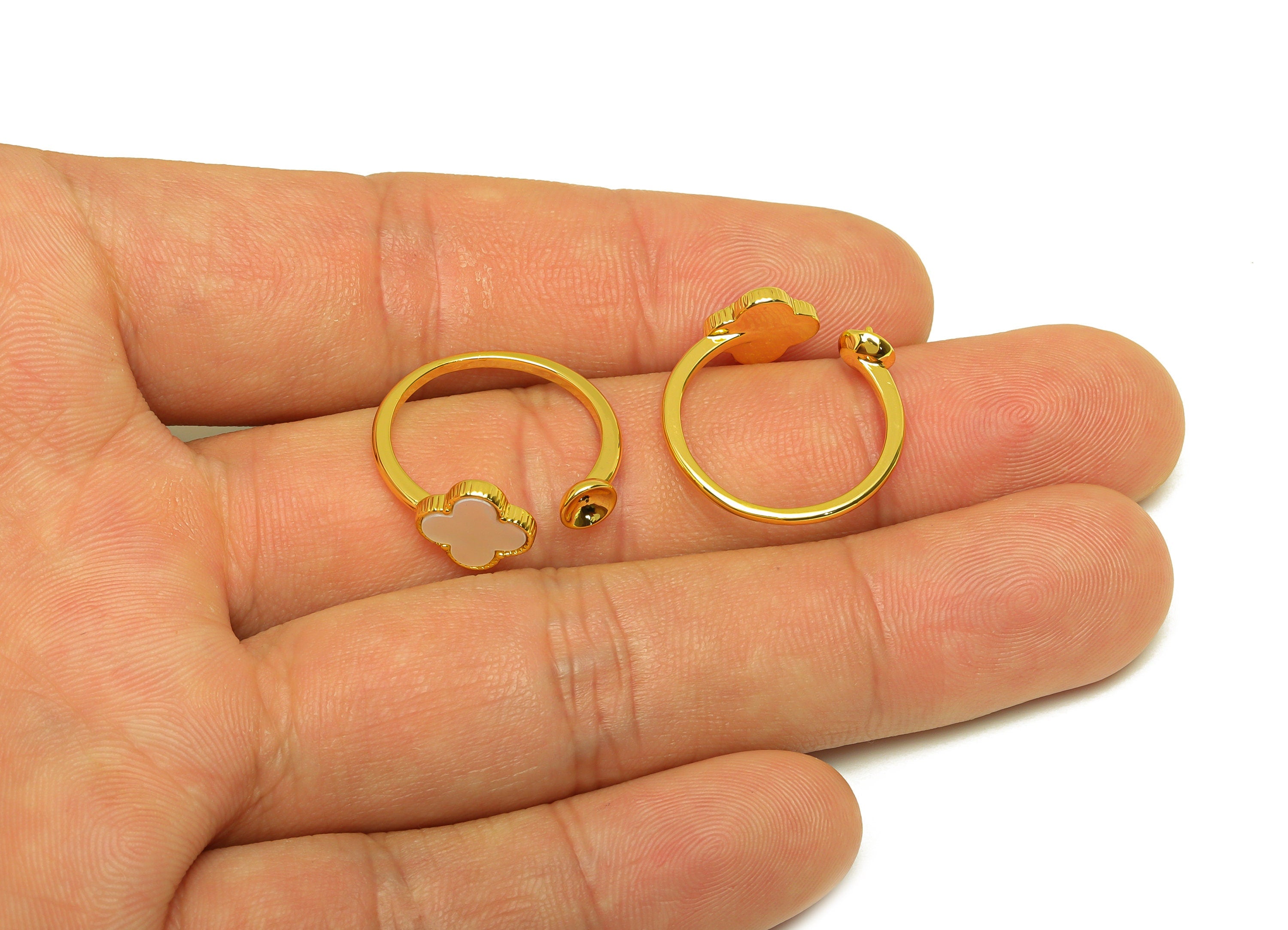Brass Open Ring - Mother of Pearl Four Leaf Clover Ring - Flower Rings - Adjustable For Pearl - 18K Real Gold Plating - 20x8x2mm - RGP6998 - DOMEDBAZAAR