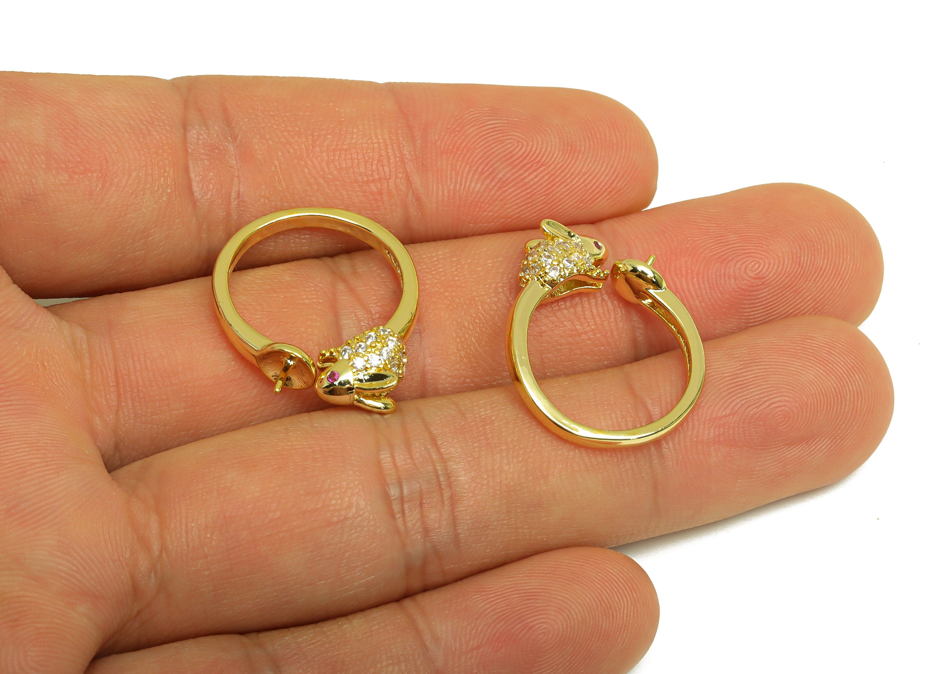 Brass CZ Ring - Brass Rabbit Open Ring - Brass Animal Rings For Pearl - Zircon Open Ring - 18K Real Gold Plating - 23.9x6.3x2.16mm - RGP7019 - DOMEDBAZAAR