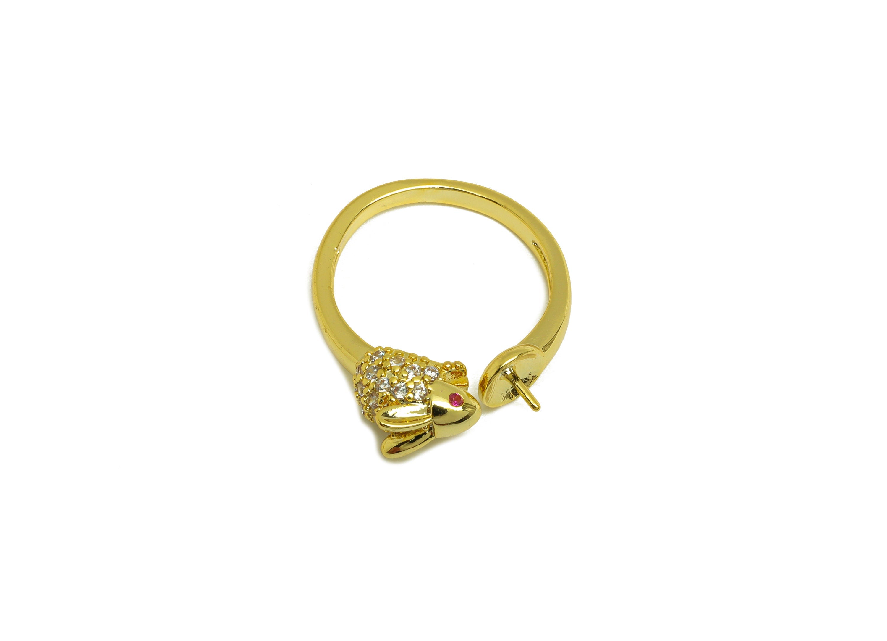 Brass CZ Ring - Brass Rabbit Open Ring - Brass Animal Rings For Pearl - Zircon Open Ring - 18K Real Gold Plating - 23.9x6.3x2.16mm - RGP7019 - DOMEDBAZAAR
