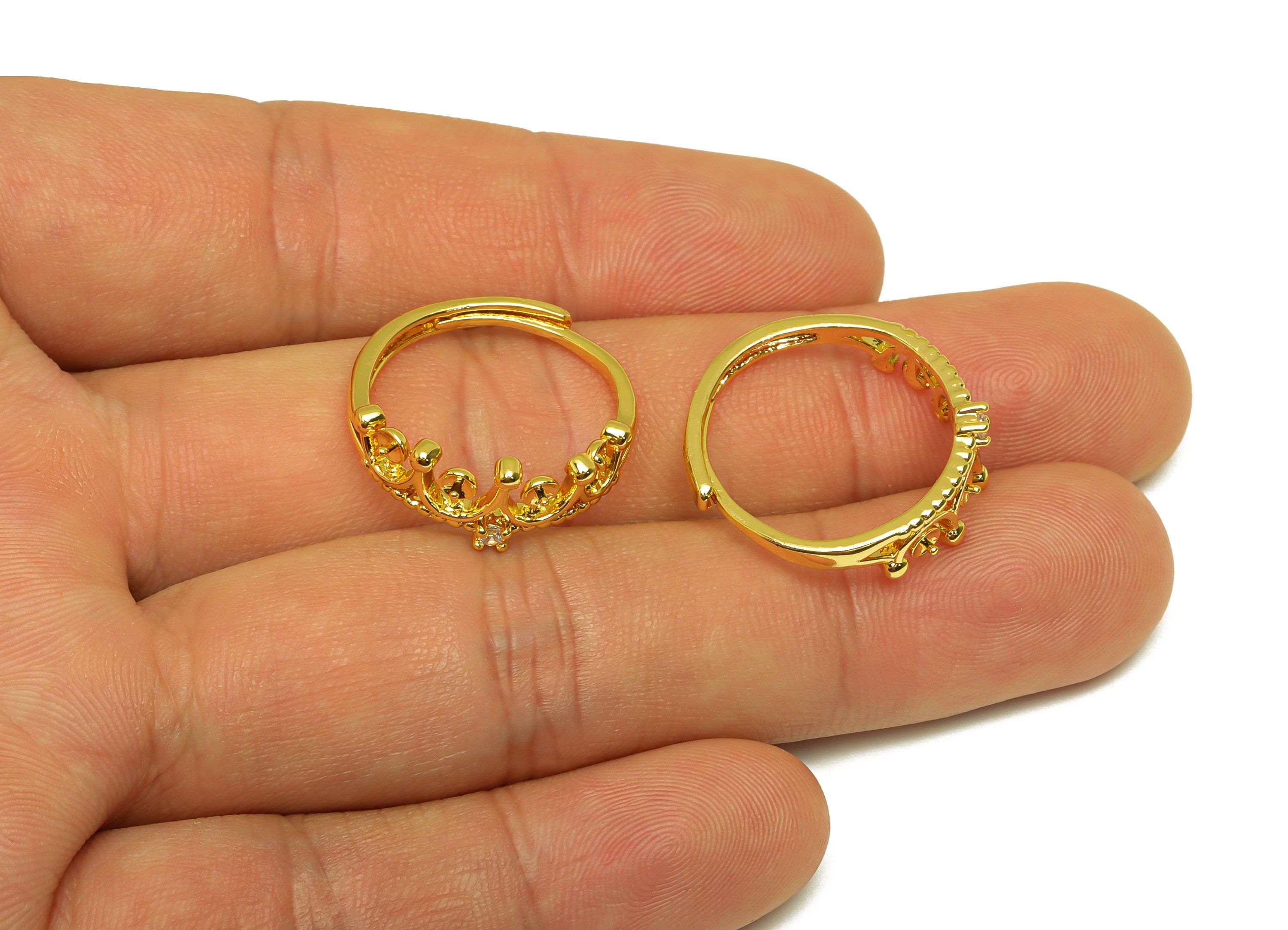 Brass CZ Crown Ring - Brass Princess Ring - Brass Rings For Pearl - Zircon Adjustable Ring - 18K Real Gold Plating - 21x8x2.36mm - RGP6993 - DOMEDBAZAAR