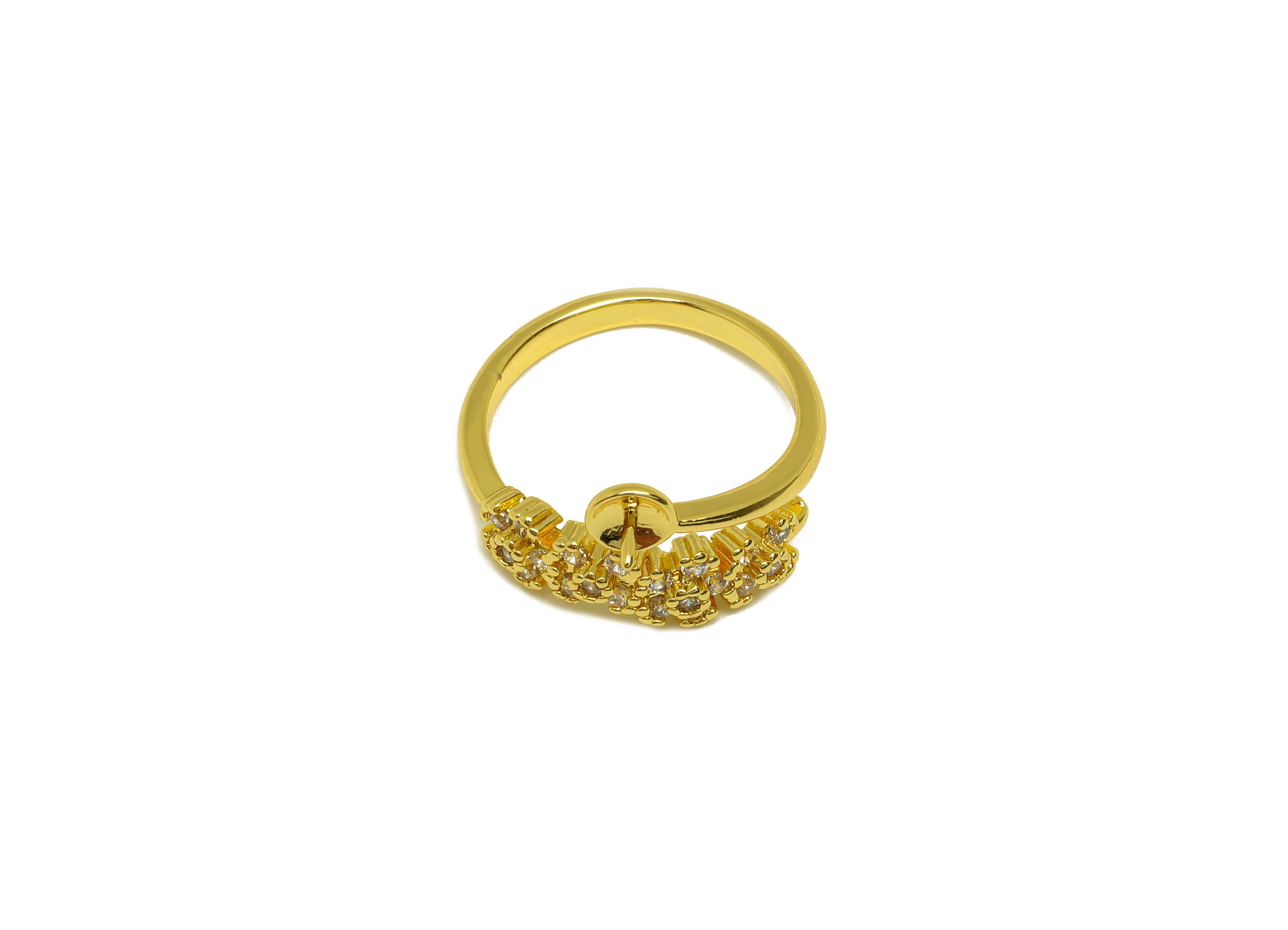 Brass CZ Flower Ring - Brass Mini Flower Ring - Brass Rings For Pearl - Zircon Adjustable Ring - 18K Real Gold Plating - 24x10x2mm - RGP6988 - DOMEDBAZAAR