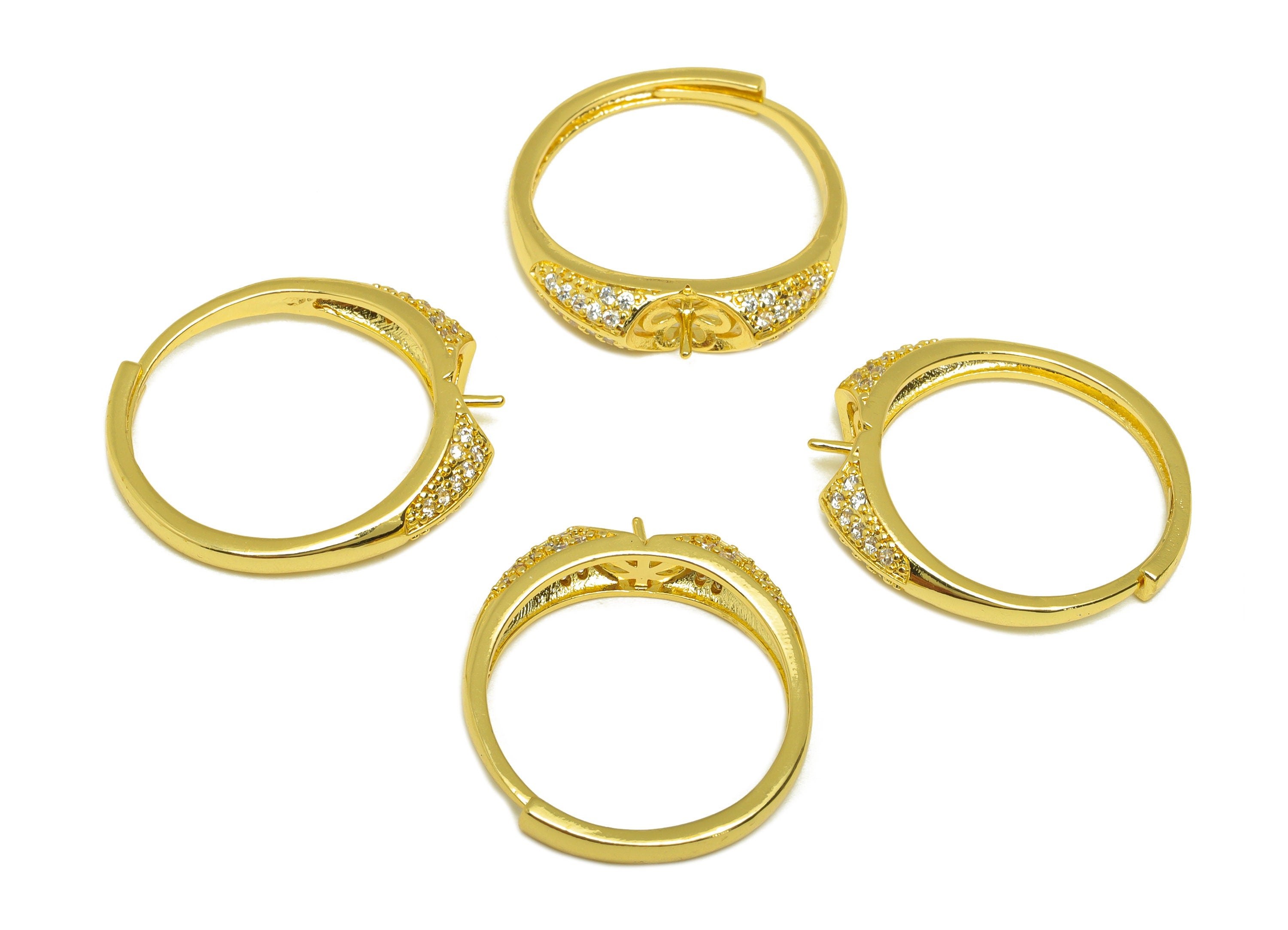 Brass CZ Ring - Brass Textured Ring - Brass Rings For Pearl - Cubic Zircon Adjustable Ring - 18K Real Gold Plating - 24x5x2.35mm - RGP7009 - DOMEDBAZAAR