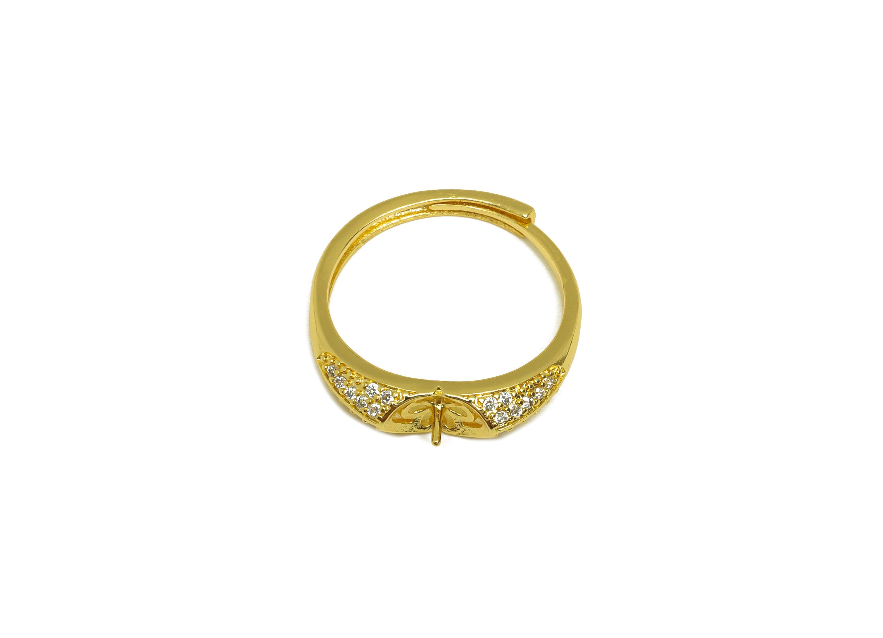 Brass CZ Ring - Brass Textured Ring - Brass Rings For Pearl - Cubic Zircon Adjustable Ring - 18K Real Gold Plating - 24x5x2.35mm - RGP7009 - DOMEDBAZAAR