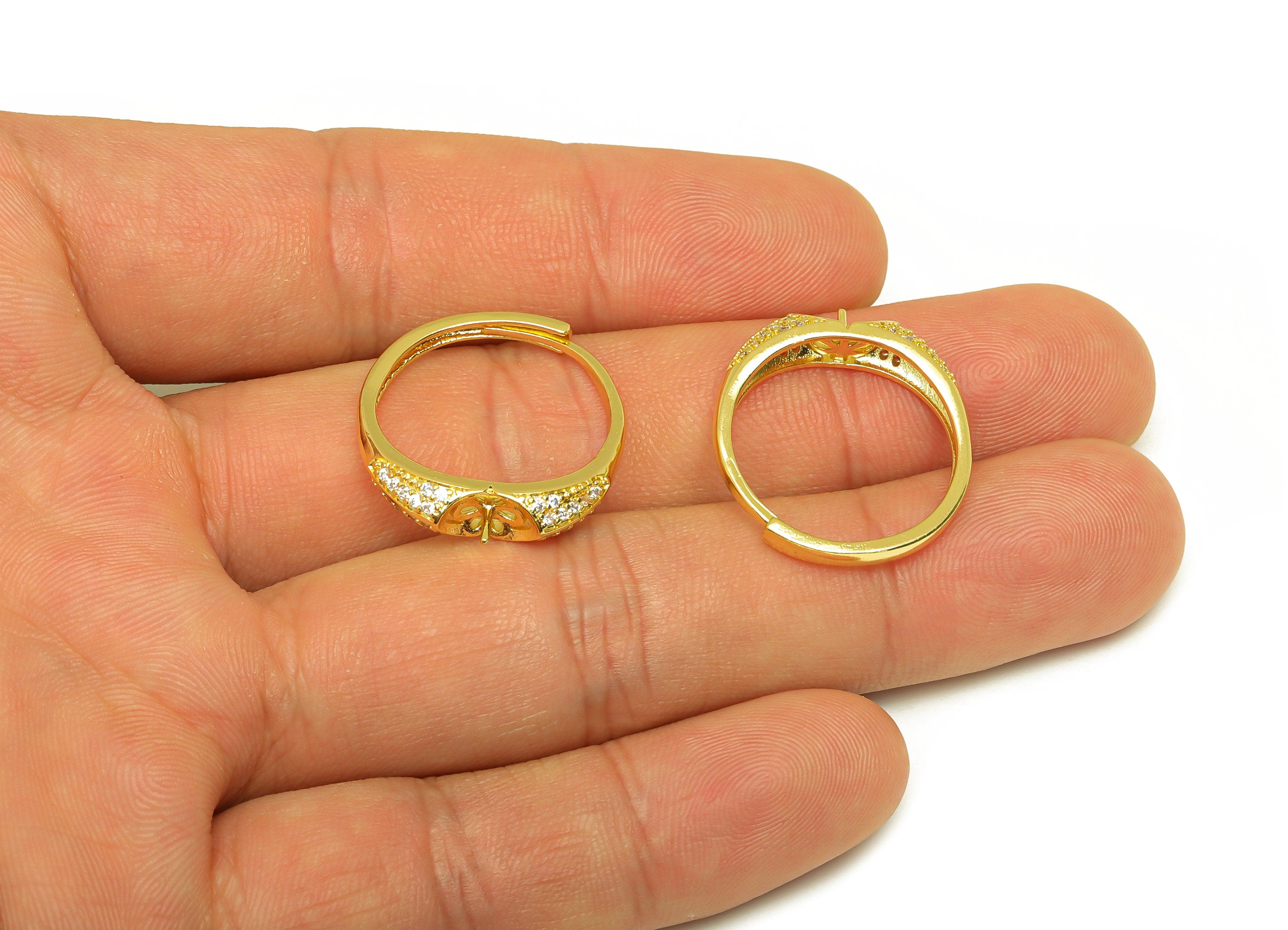 Brass CZ Ring - Brass Textured Ring - Brass Rings For Pearl - Cubic Zircon Adjustable Ring - 18K Real Gold Plating - 24x5x2.35mm - RGP7009 - DOMEDBAZAAR