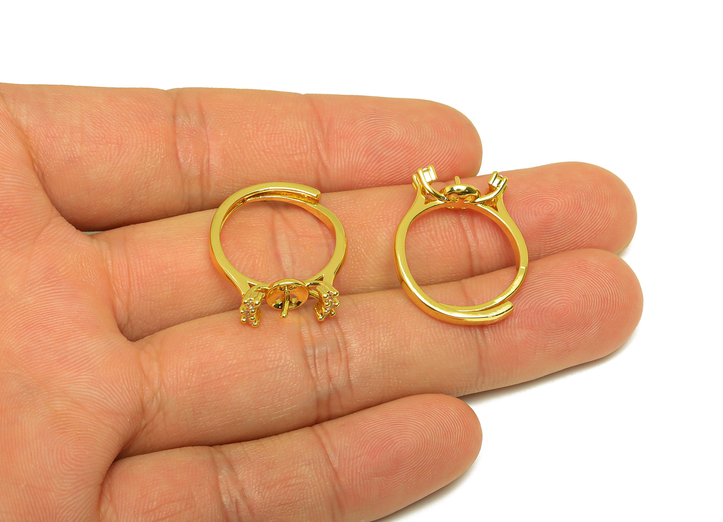 Brass CZ Ring - Brass Mini Zircon Ring - Brass Rings For Pearl - Cubic Zircon Adjustable Ring - 18K Real Gold Plating - 25x6.1x2mm - RGP7016 - DOMEDBAZAAR