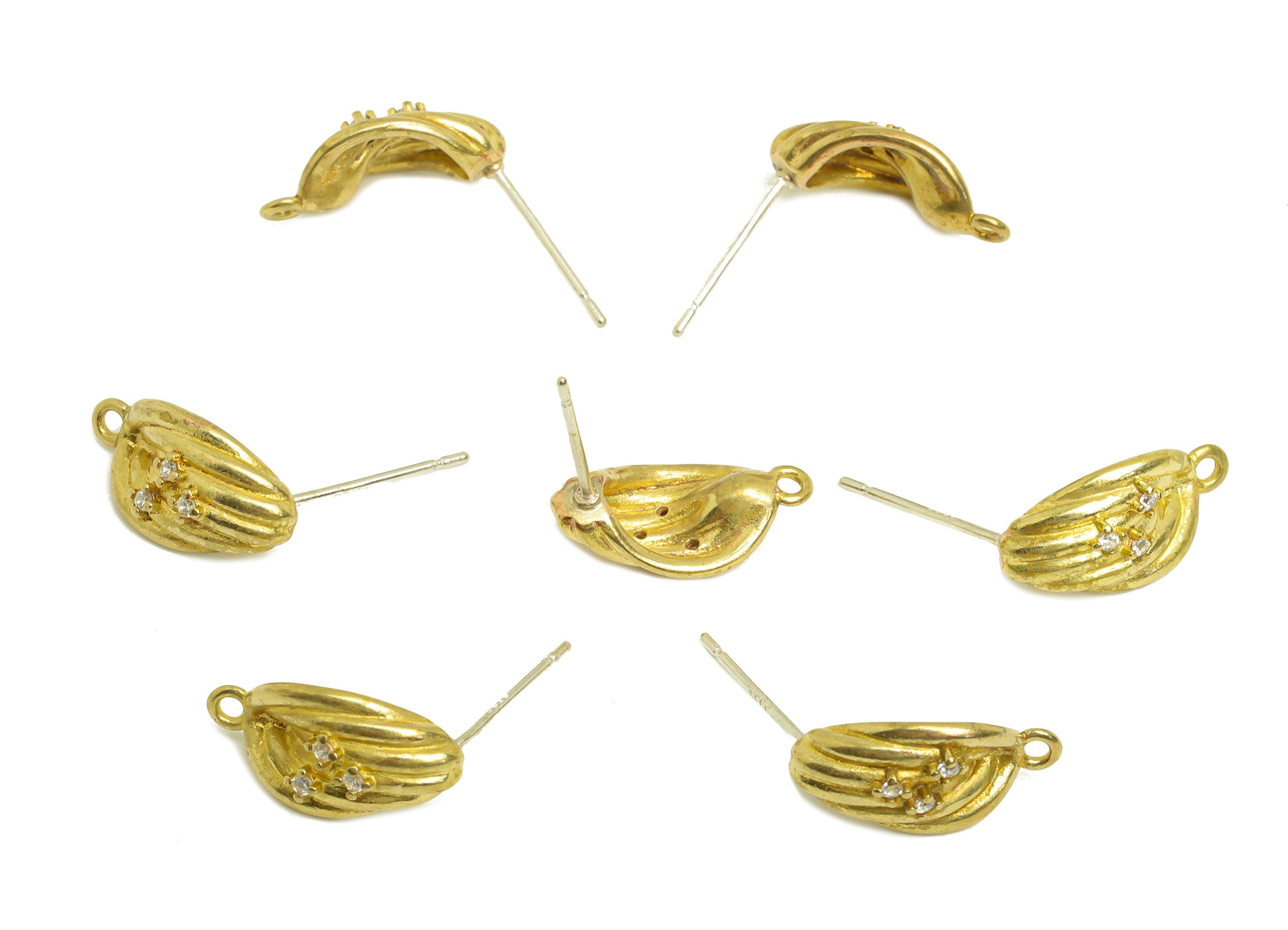 Brass CZ Earring Stud - Raw Brass Cubic Zircon Earring Post - Brass Textured Earring Stud With Loop - Bent Wire - 15.3x8.2x5.3mm - PP10710 - DOMEDBAZAAR