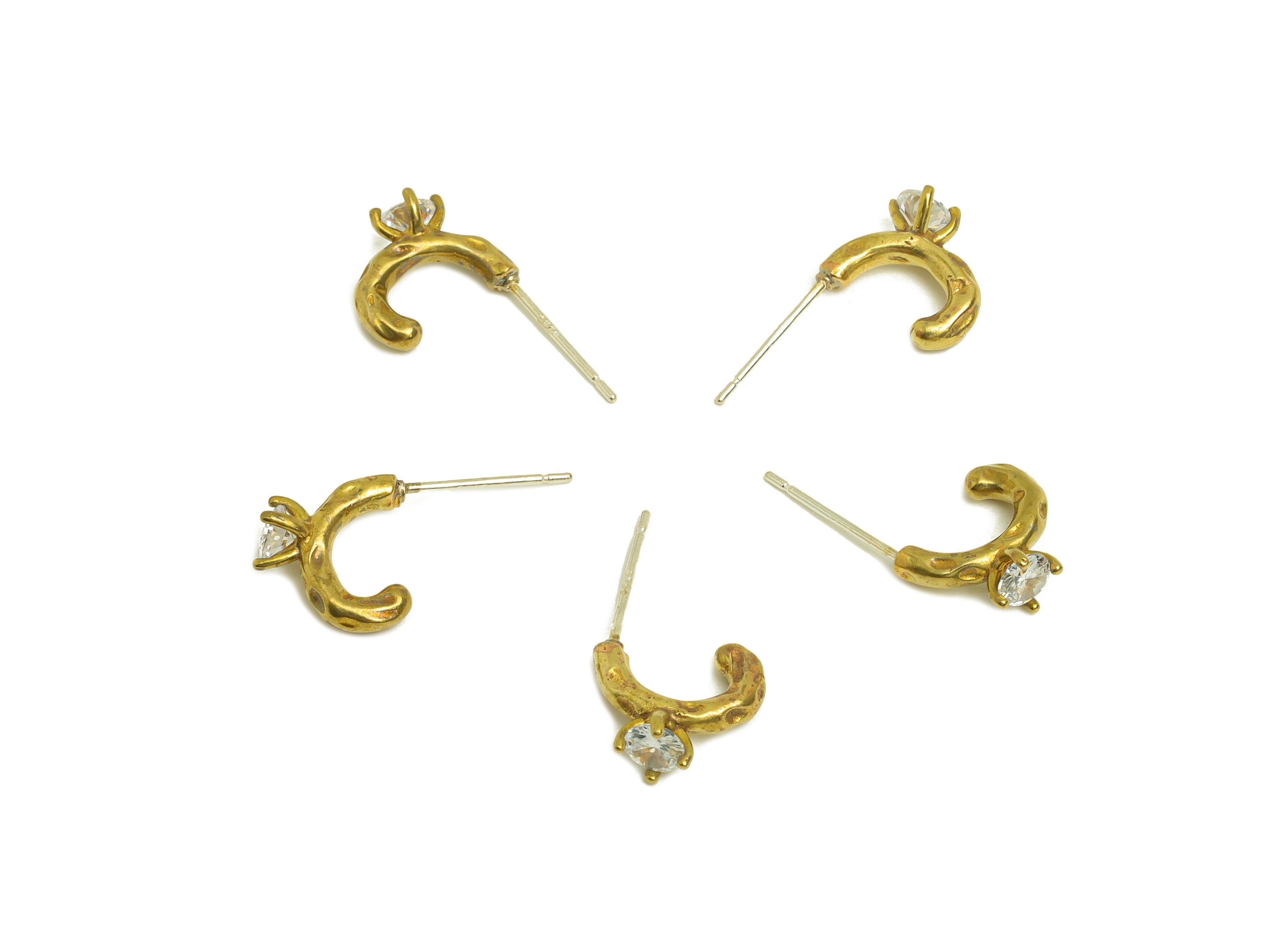 Brass CZ Earring Stud - Raw Brass Cubic Zircon Earring Post - Brass Hammered Hoop Earring - Daimond Post - 10.7x9.88x4.7mm - PP10719 - DOMEDBAZAAR