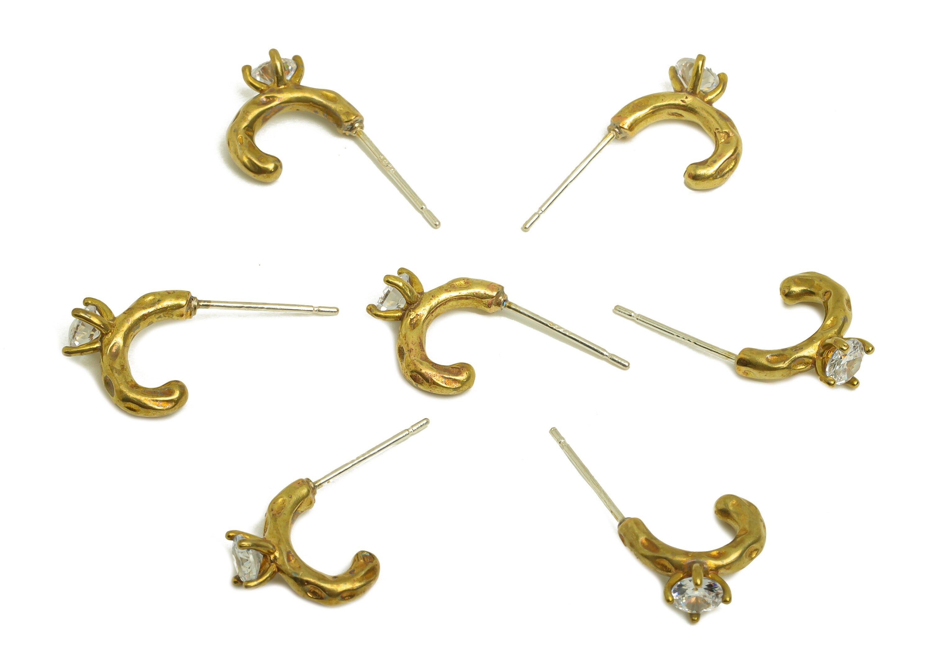 Brass CZ Earring Stud - Raw Brass Cubic Zircon Earring Post - Brass Hammered Hoop Earring - Daimond Post - 10.7x9.88x4.7mm - PP10719 - DOMEDBAZAAR