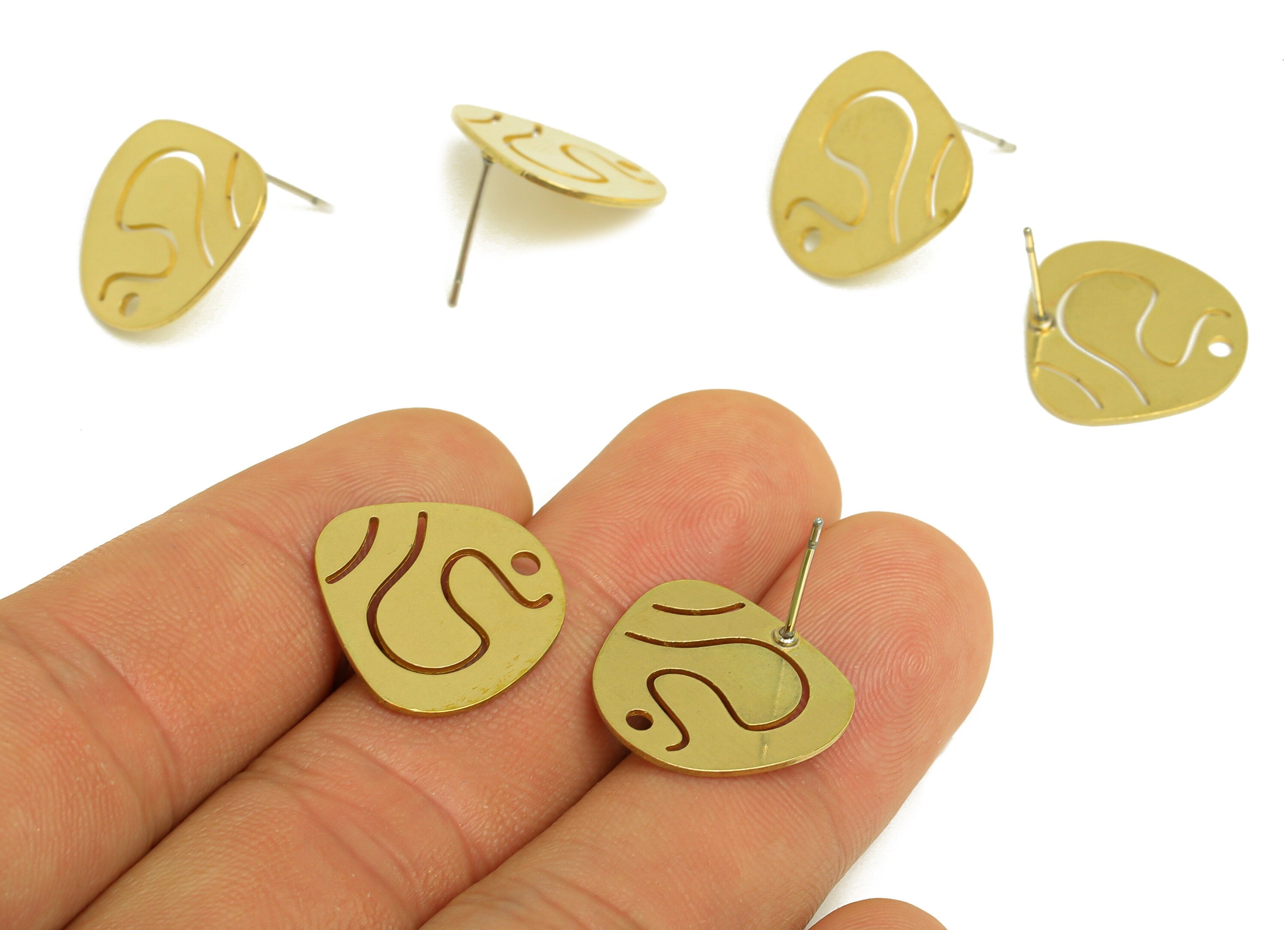Brass Pattern Earring Stud - Raw Brass Earring Post With Hole - Laser Cut Earring Stud - 316 Stainless Steel Post - 17.42x16x0.7mm -PP10746 - DOMEDBAZAAR