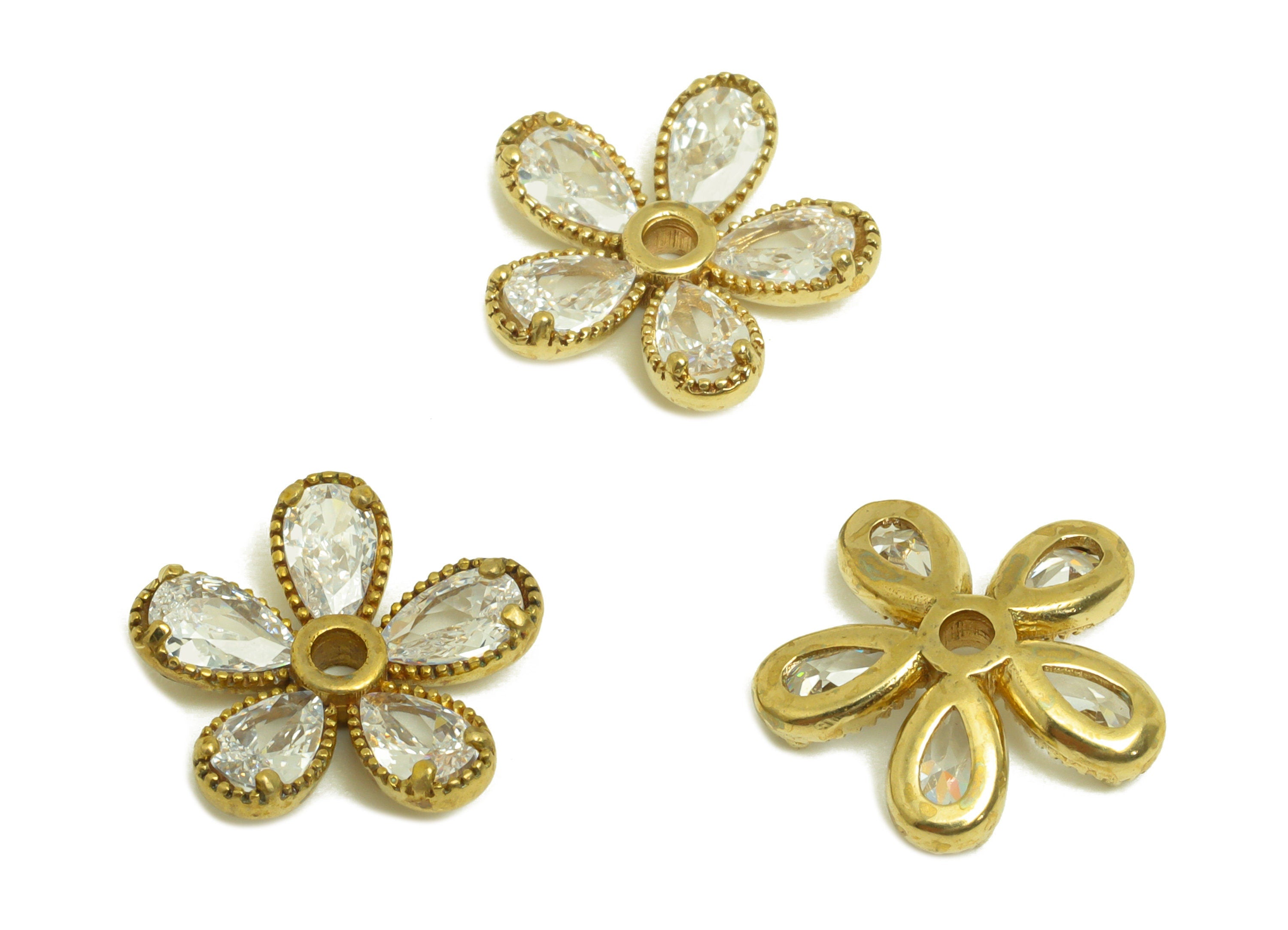 Brass CZ Flower Earring Charm - Raw Brass Zircon Diasy Earring Charm - Botanical Teardrop Earring Charm - 12.77x12.7x2.83mm - PP10705 - DOMEDBAZAAR