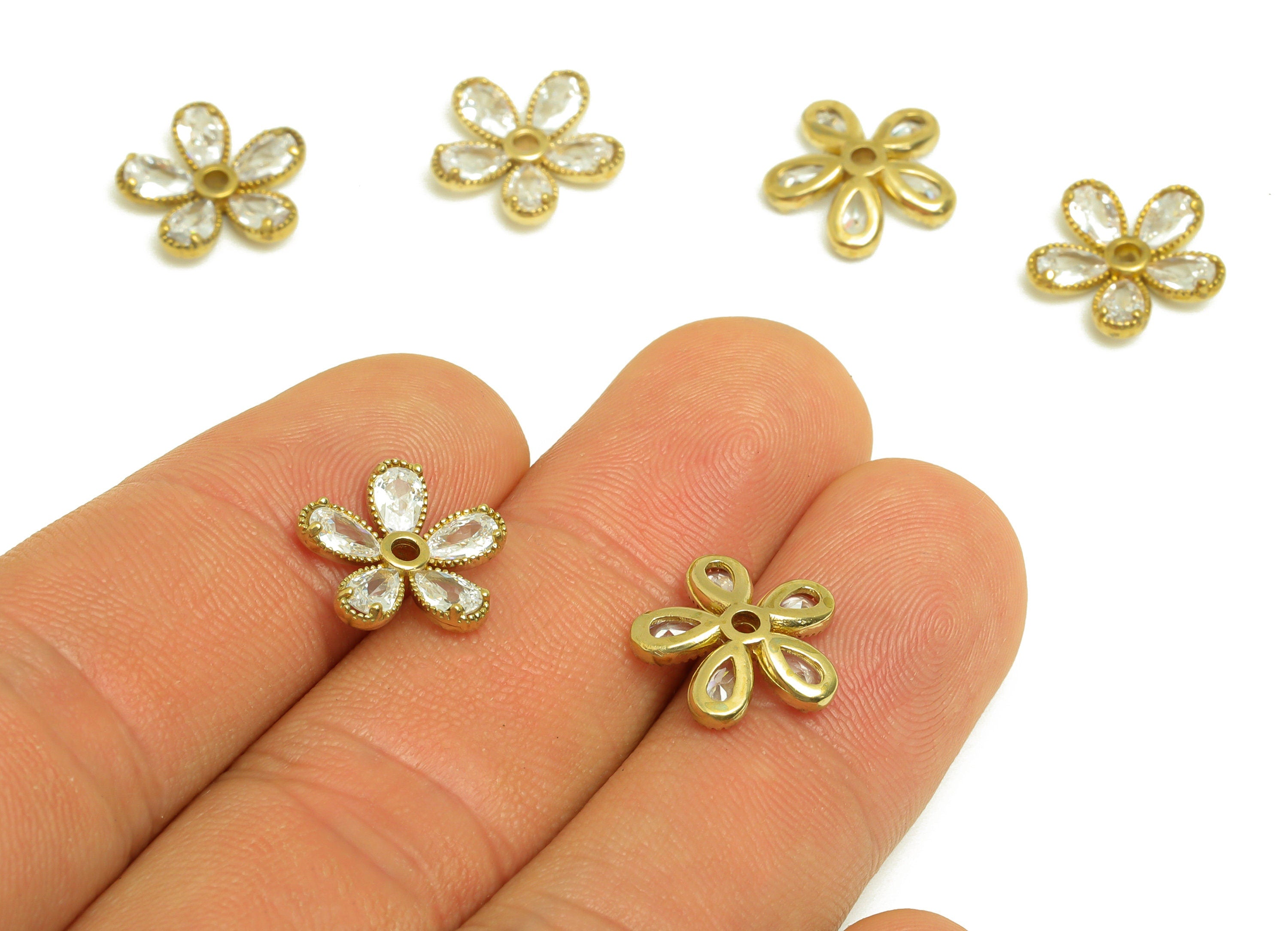 Brass CZ Flower Earring Charm - Raw Brass Zircon Diasy Earring Charm - Botanical Teardrop Earring Charm - 12.77x12.7x2.83mm - PP10705 - DOMEDBAZAAR