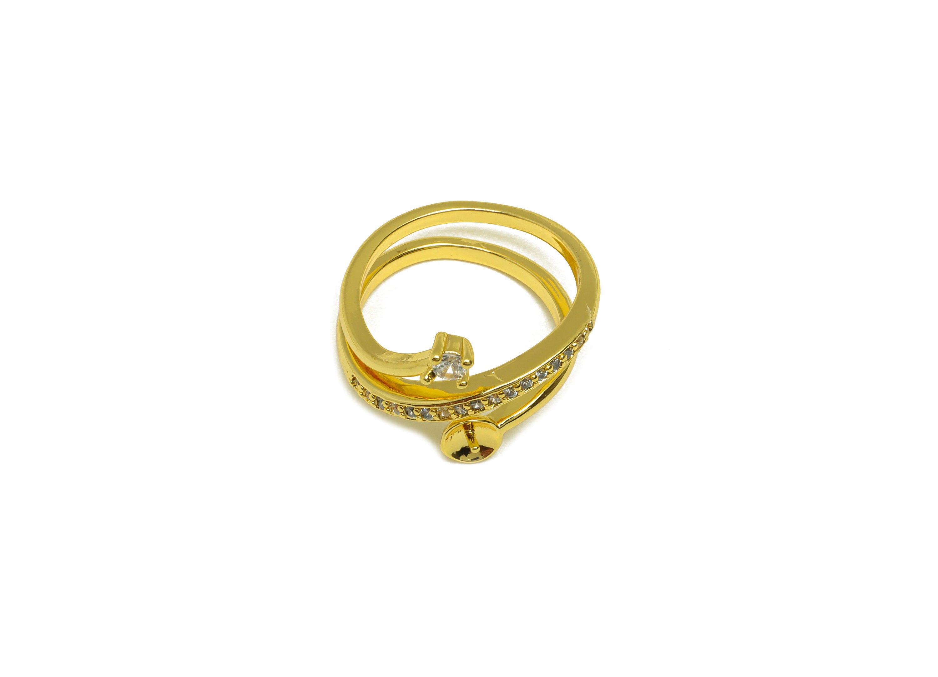 Brass CZ Ring - Brass Diamond Ring - Brass Rings For Pearl - Brass Cubic Zircon Ring - 18K Real Gold Plating - 21x11.62x4.52mm - RGP6992 - DOMEDBAZAAR