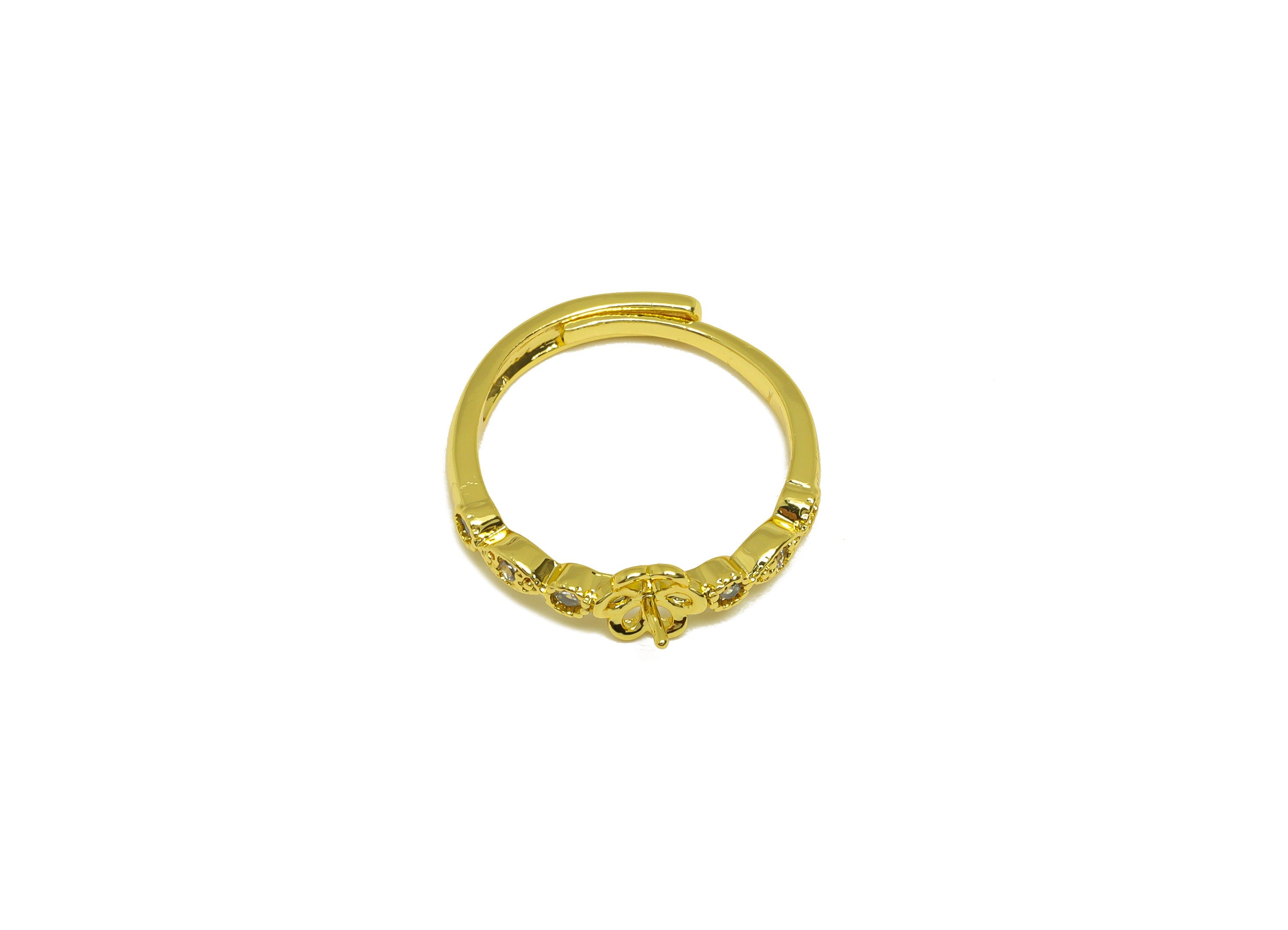 Brass Adjustable Ring - Brass Marquise Ring - Brass Rings For Pearl - Round Zircon Ring - 18K Real Gold Plating - 22.75x5.98x2mm - RGP7010 - DOMEDBAZAAR