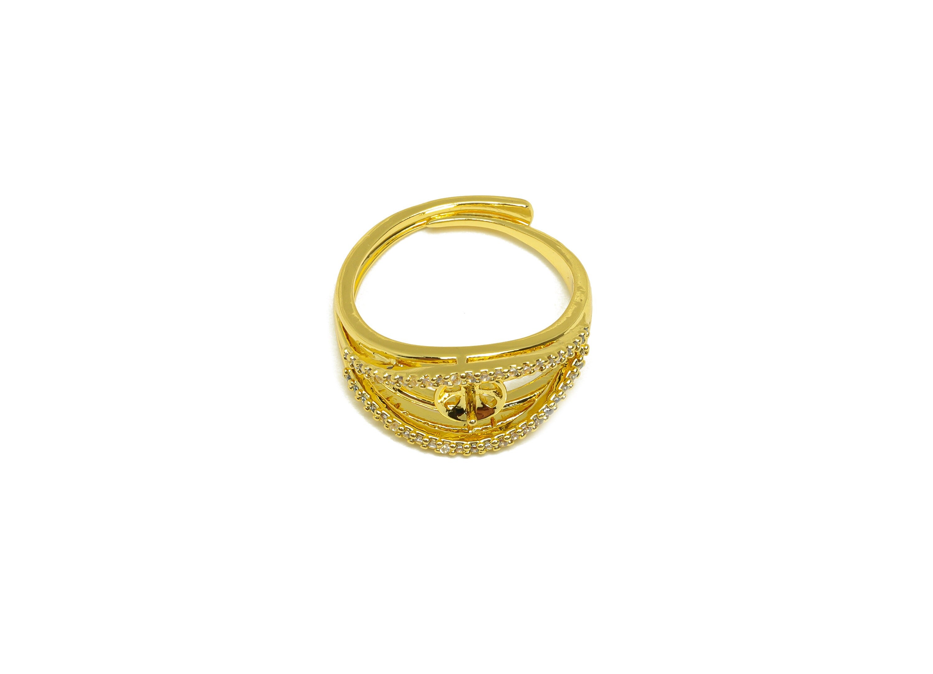 Brass Adjustable Ring - Brass CZ Ring - Brass Rings For Pearl - Brass Cubic Zircon Ring - 18K Real Gold Plating - 24x9.64x2.19mm - RGP6985 - DOMEDBAZAAR