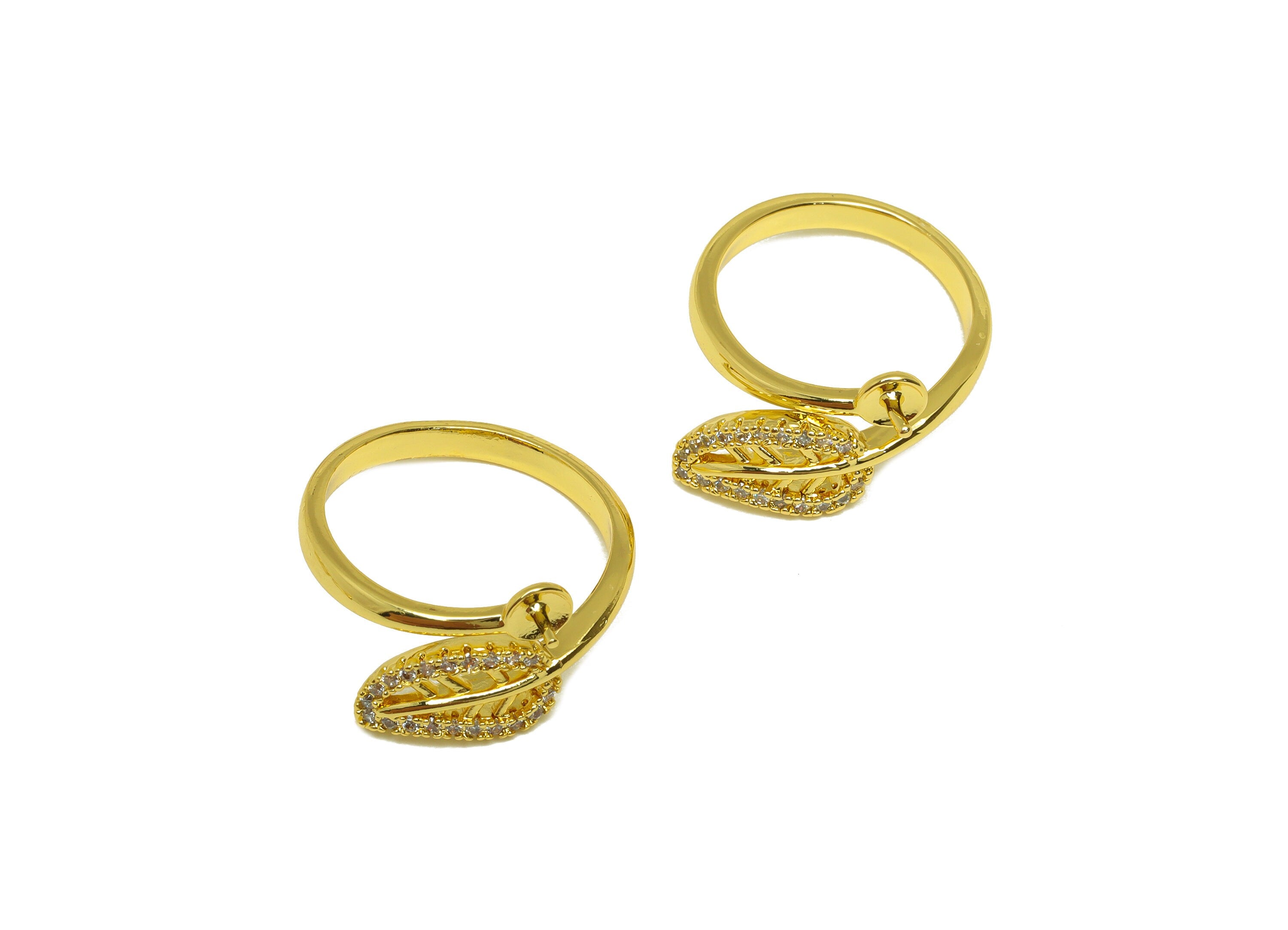 Brass CZ Open Ring - Brass Textured Leaf Ring - Brass Rings For Pearl - Zircon Adjustable Ring - 18K Real Gold Plating - 20x10x2mm - RGP7018 - DOMEDBAZAAR