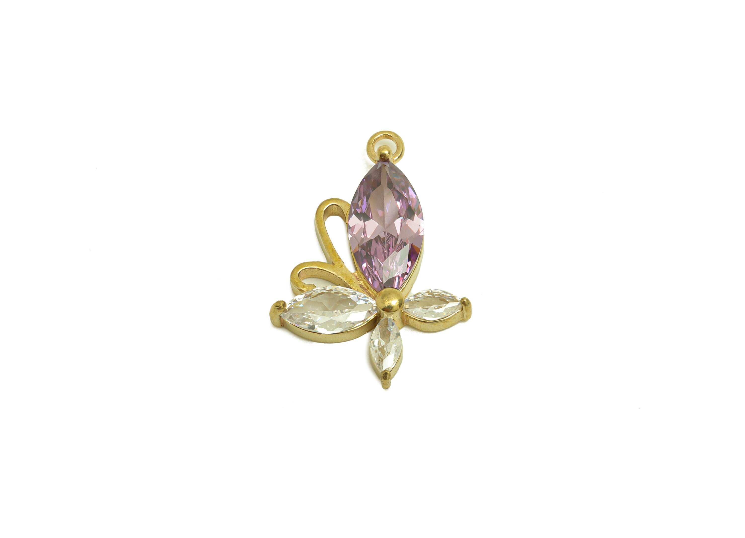 Brass CZ Butterfly Earring Charm - Raw Brass Zircon Marquise Earring Charm - Purple Zircon Earring Charm - 21.9x15.77x4mm - PP10692 - DOMEDBAZAAR