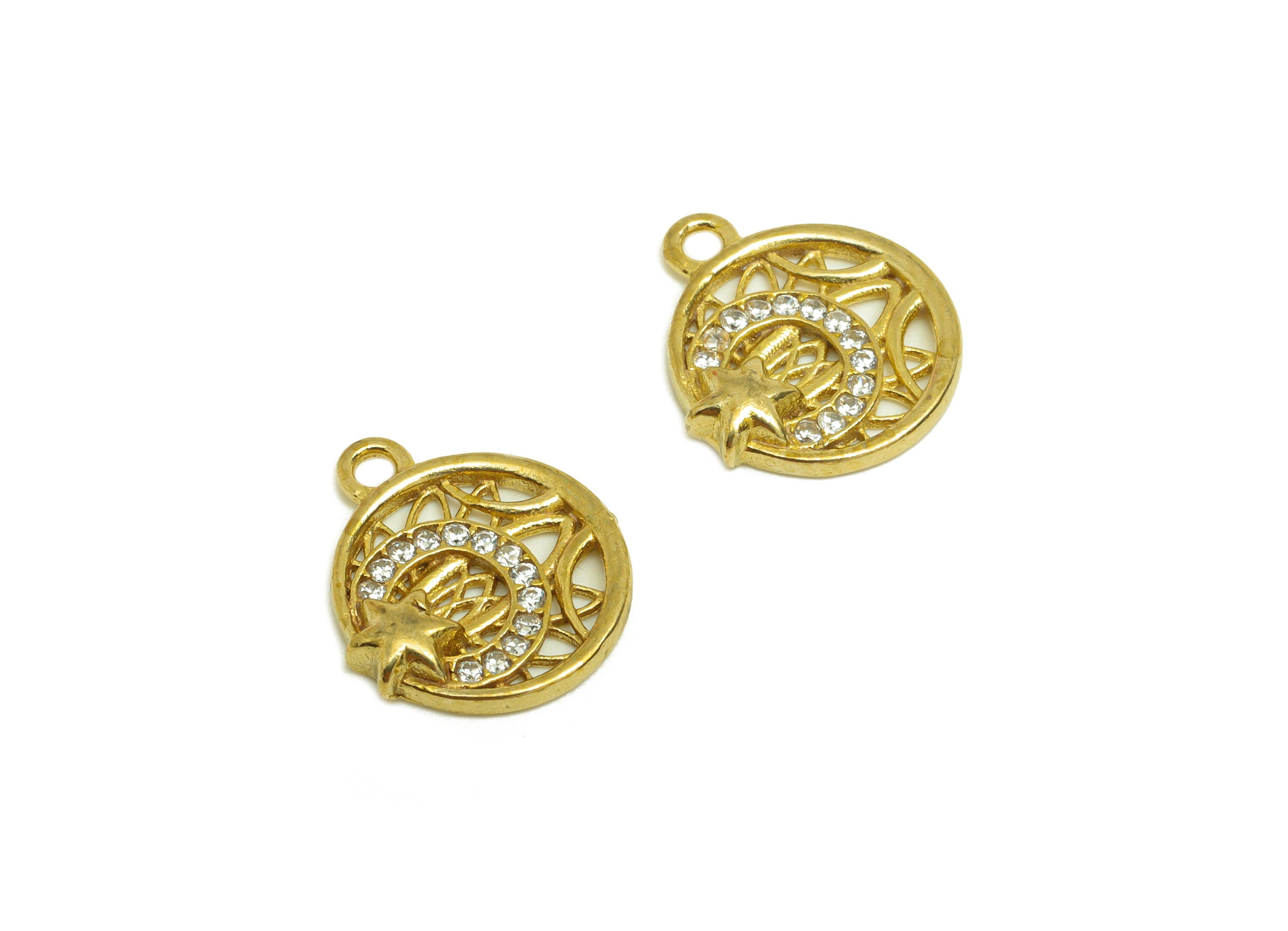 Brass CZ Round Earring Charm - Raw Brass Zircon Star Earring Charm - Brass Circle Textured Earring Charm - 12.61x11x2.4mm - PP10691 - DOMEDBAZAAR