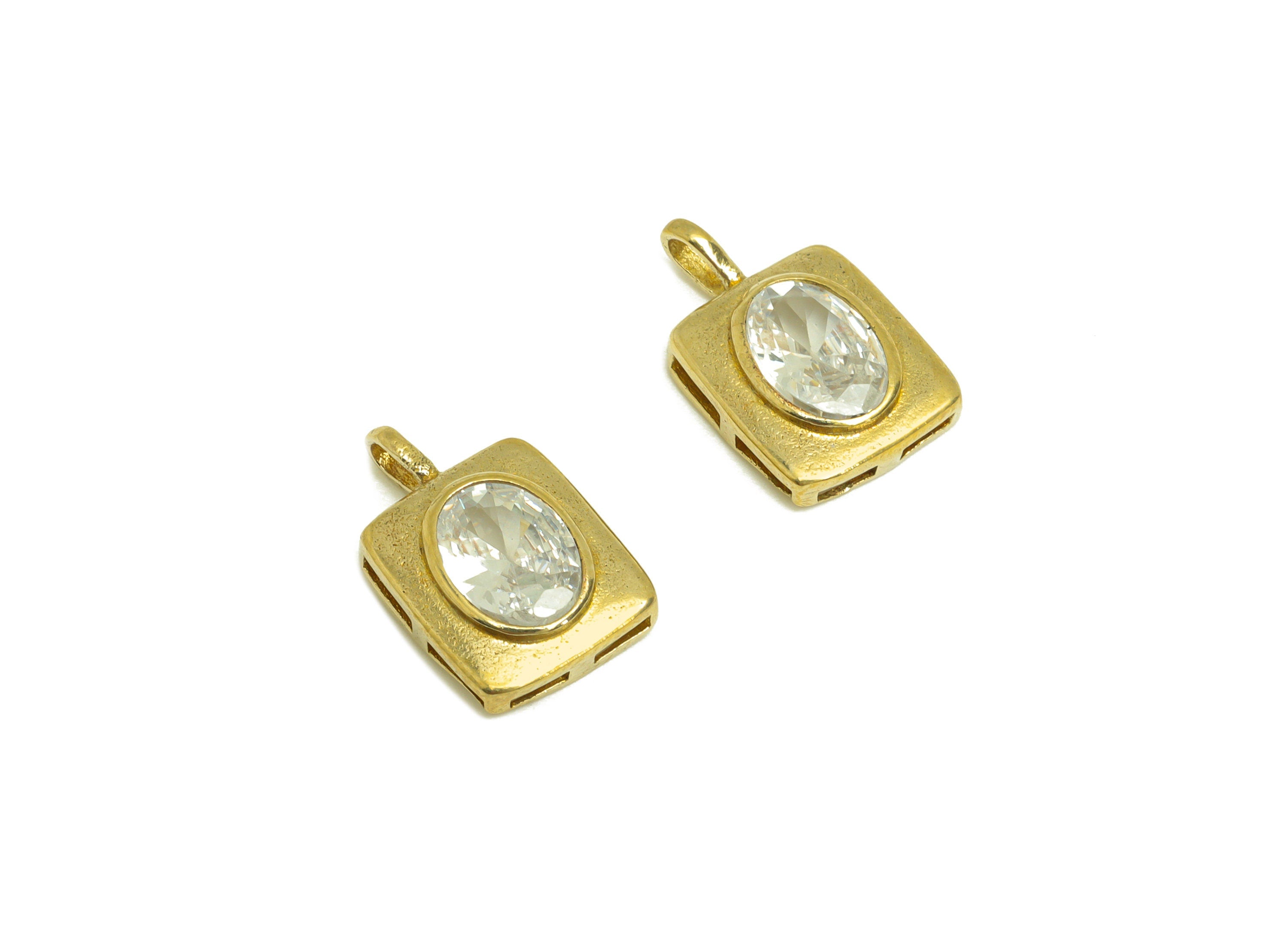 Brass CZ Rectangle Earring Charm - Raw Brass Zircon Oval Earring Charm - Brass Geometry Zircon Charm - For Pendant - 14.2x8.8x3mm - PP10716 - DOMEDBAZAAR