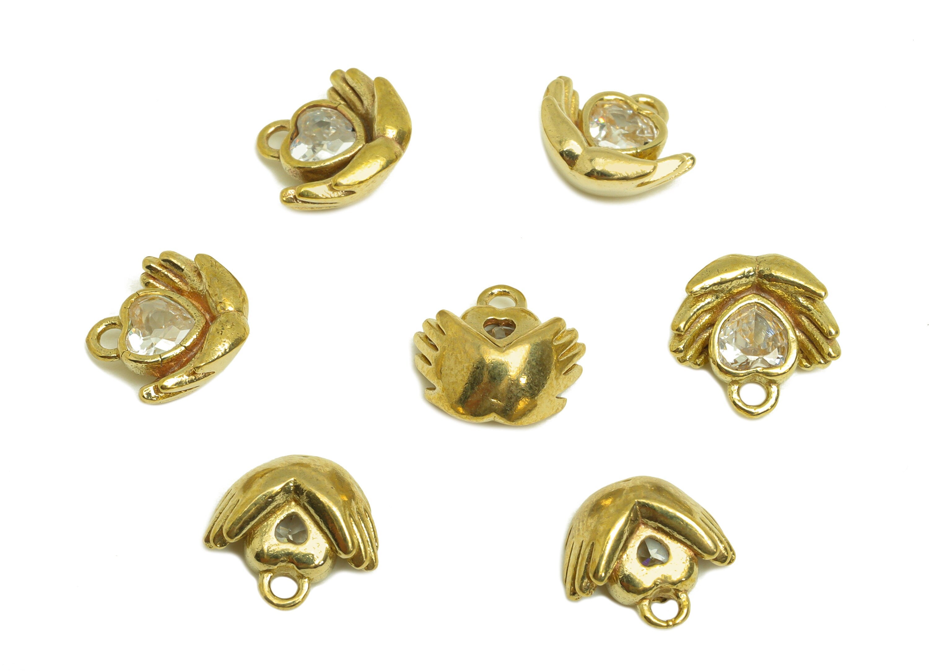 Brass CZ Hand Earring Charm - Raw Brass Zircon Heart Earring Charm - Heart Love Hand Gesture Sign - For Pendant - 9x9.4x4.14mm- PP10727 - DOMEDBAZAAR